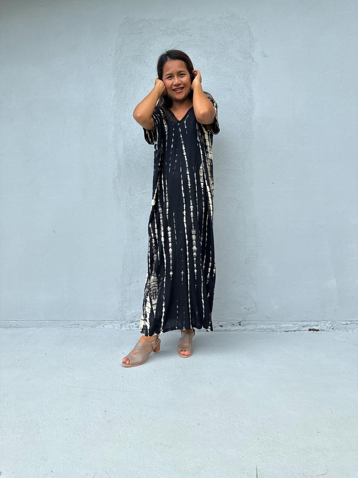 Mala Handworks Callie Petite Kaftan in Black Tie Dye