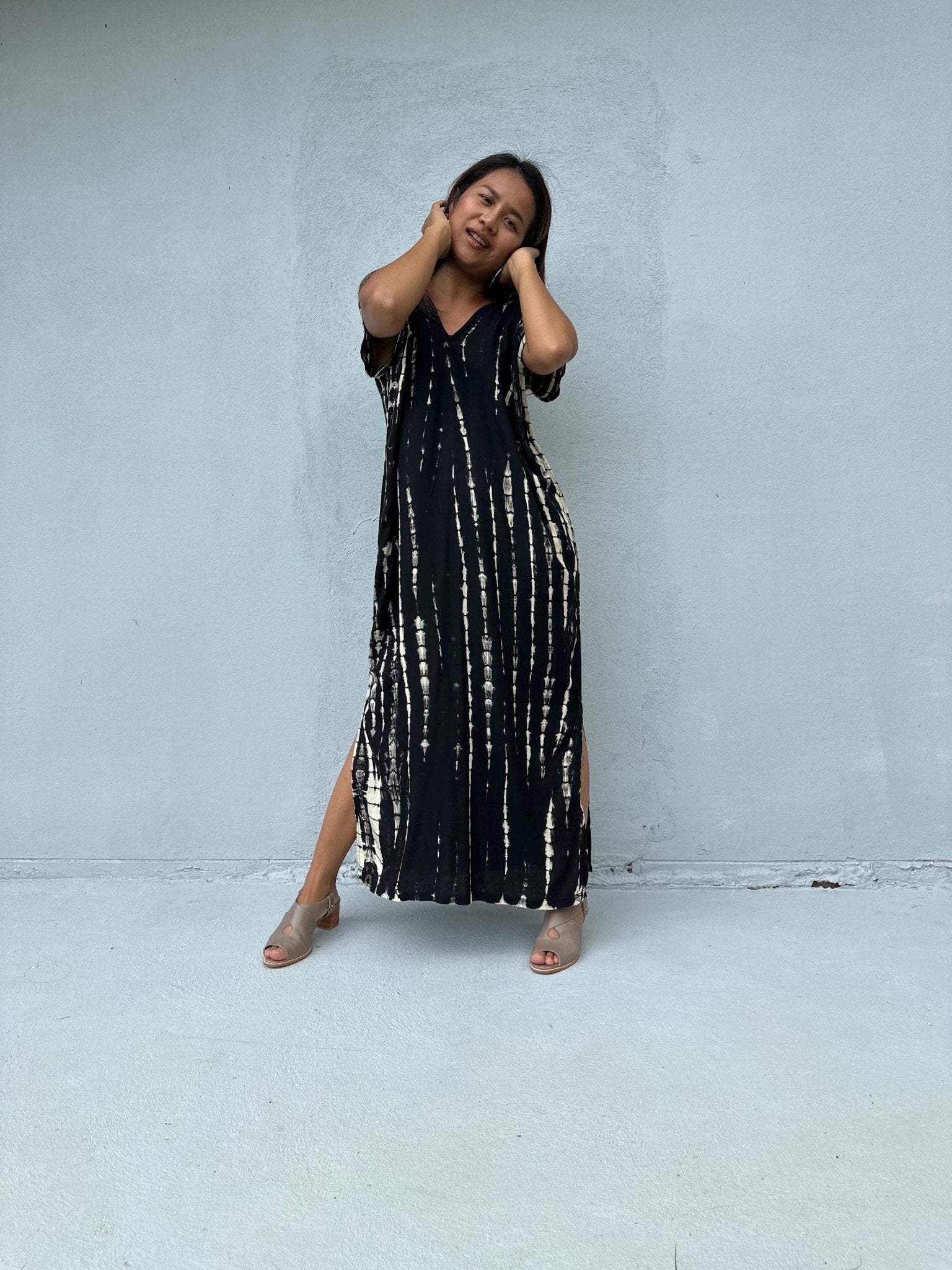 Mala Handworks Callie Petite Kaftan in Black Tie Dye