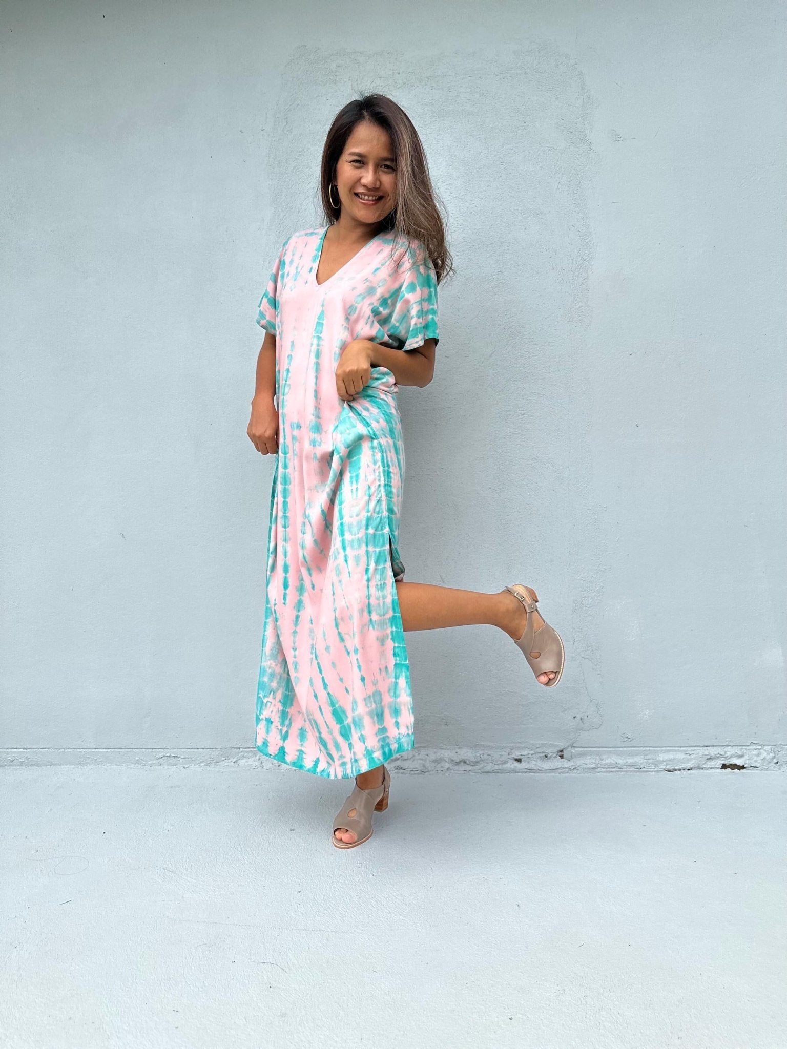 Mala Handworks Callie Petite Kaftan in Bubblegum and Aqua Tie Dye