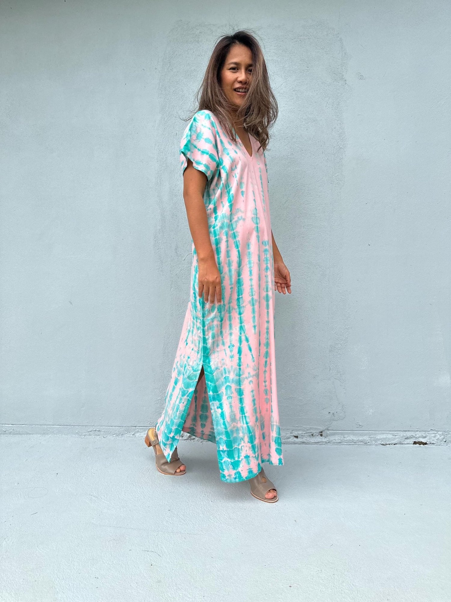 Mala Handworks Callie Petite Kaftan in Bubblegum and Aqua Tie Dye