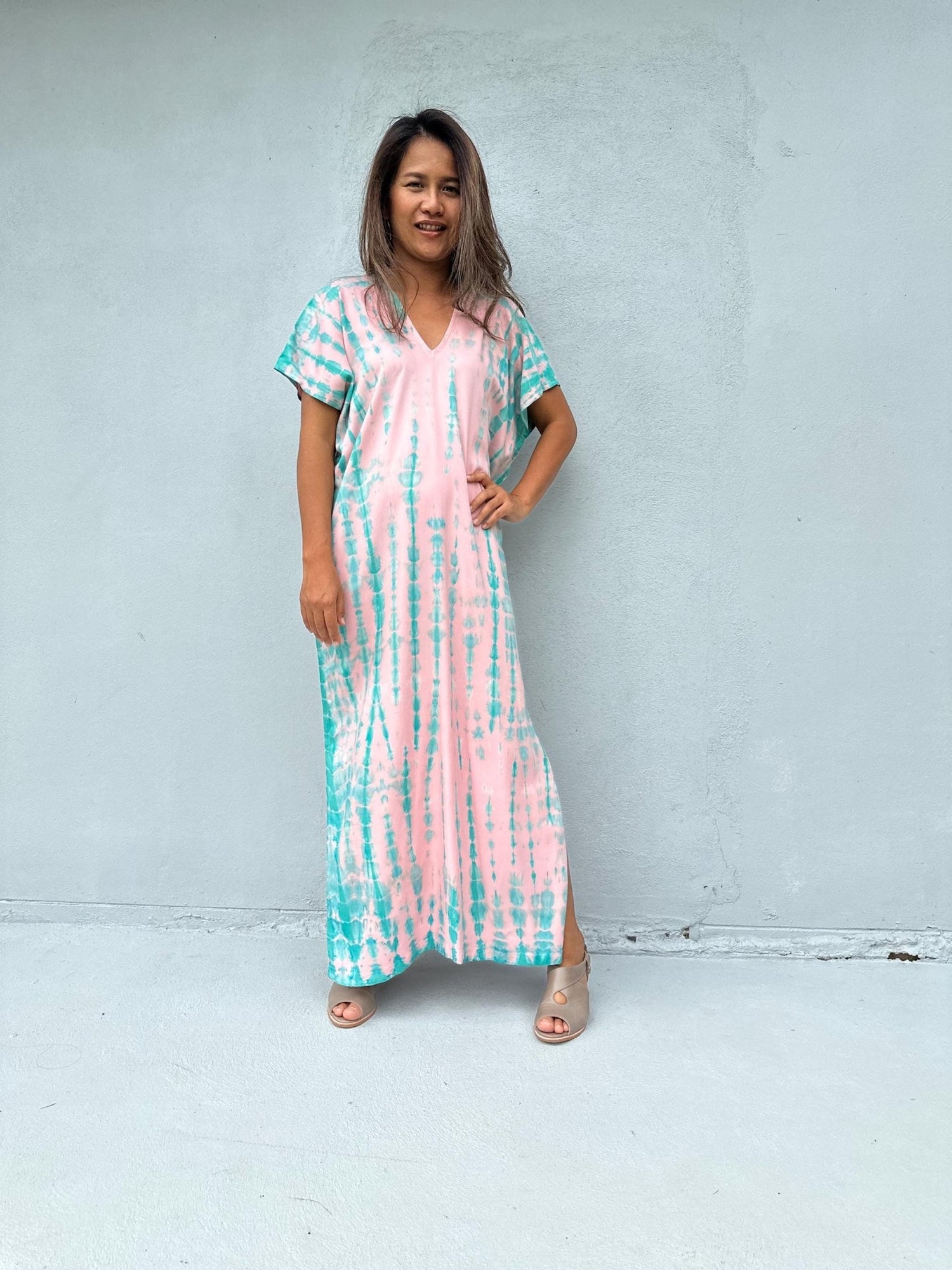Mala Handworks Callie Petite Kaftan in Bubblegum and Aqua Tie Dye