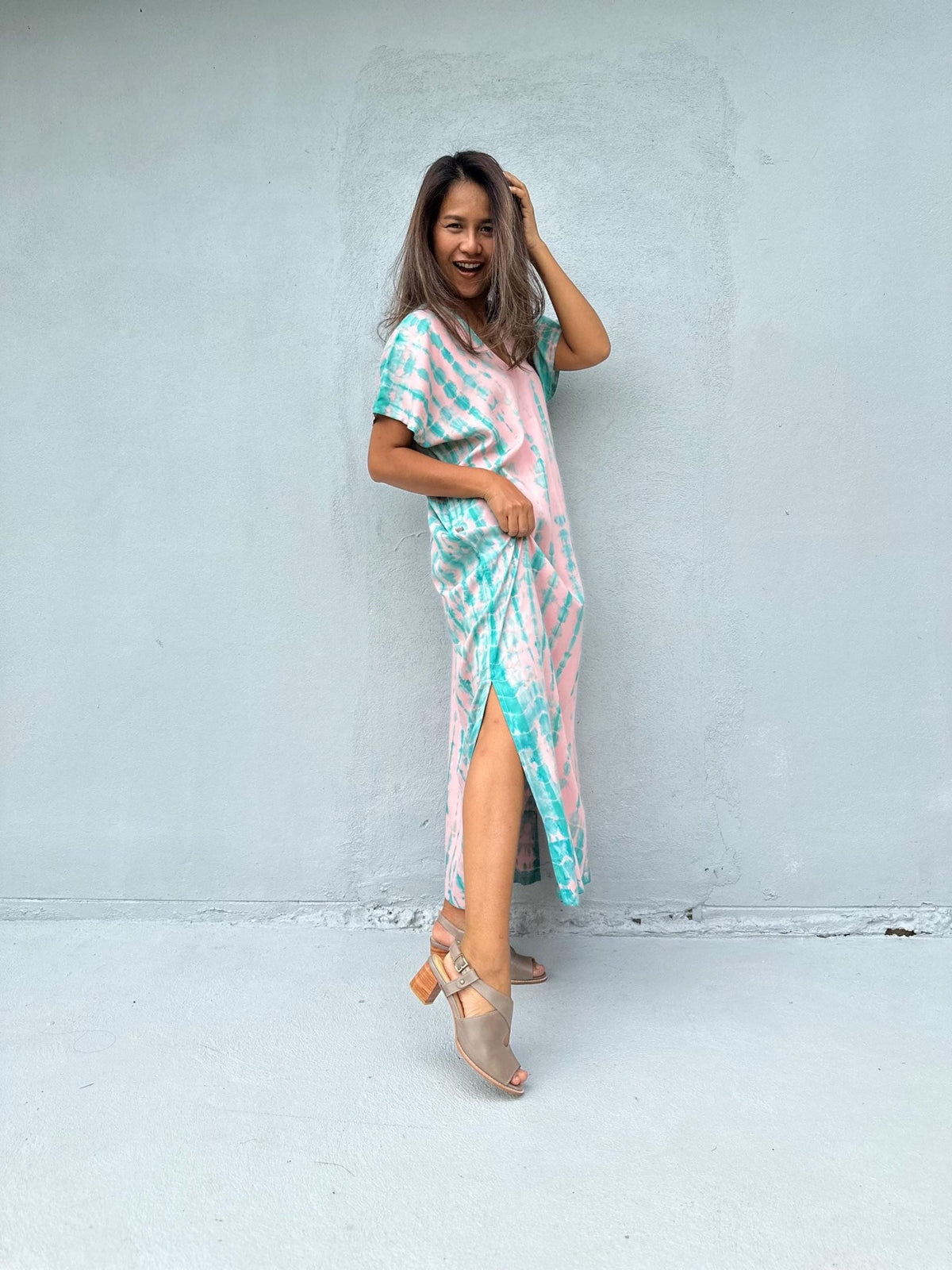 Mala Handworks Callie Petite Kaftan in Bubblegum and Aqua Tie Dye
