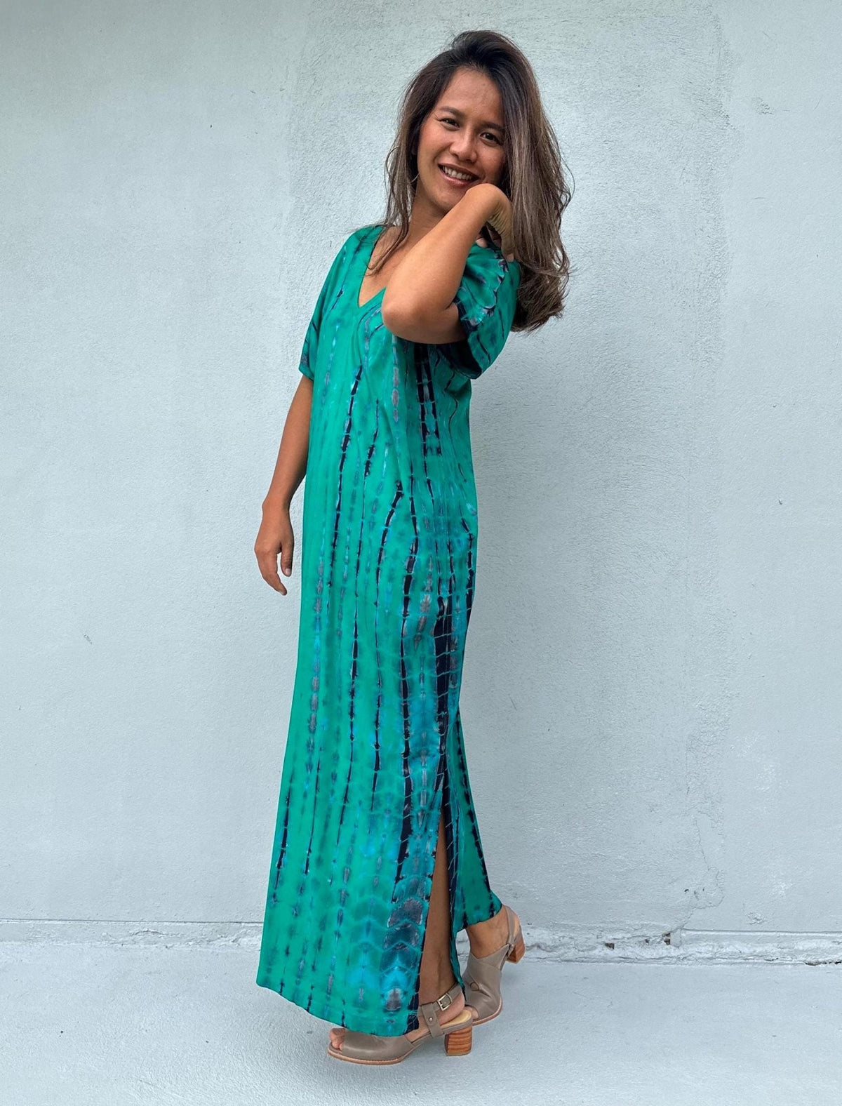 Mala Handworks Callie Petite Kaftan in Turquoise and Blue Tie Dye