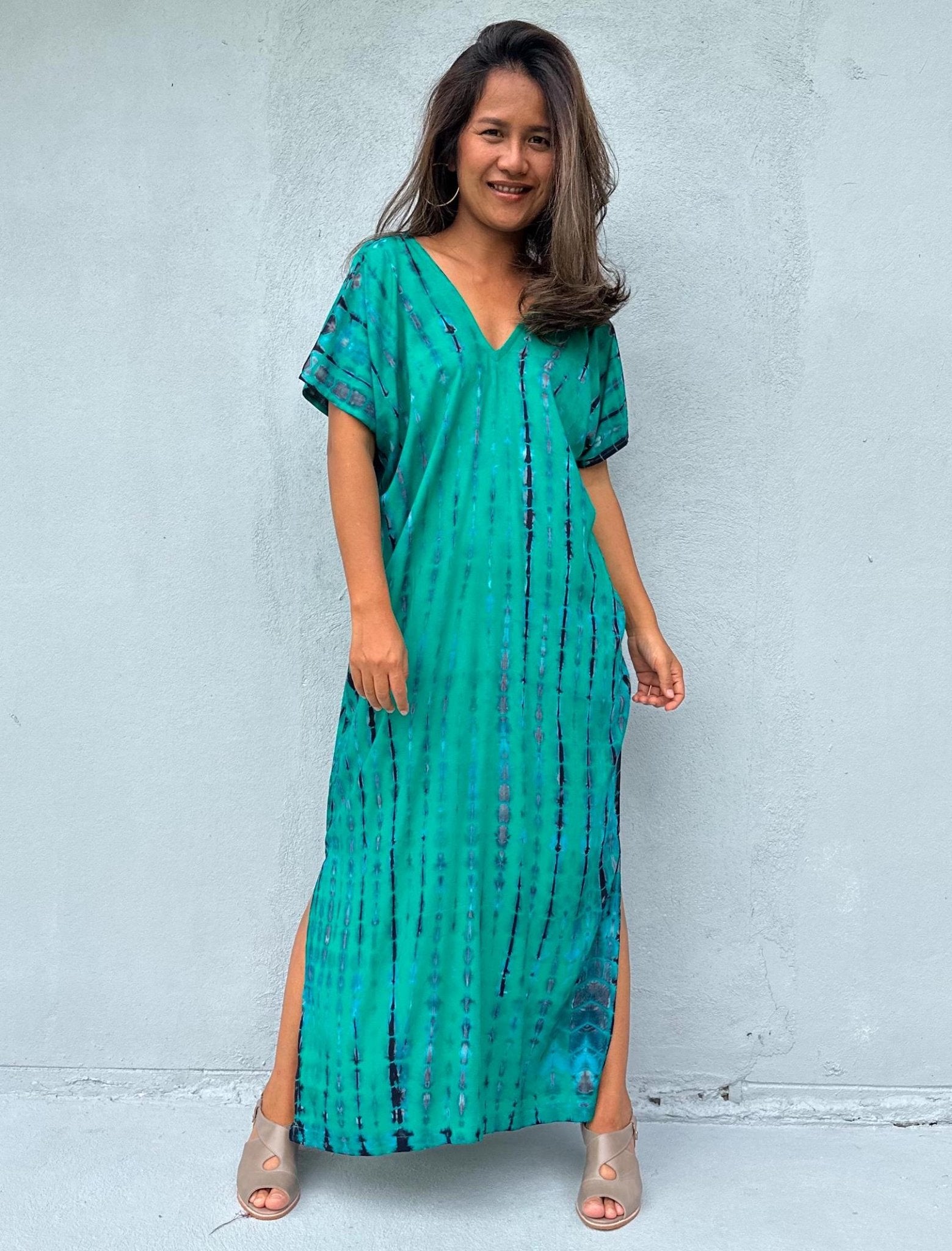 Mala Handworks Callie Petite Kaftan in Turquoise and Blue Tie Dye