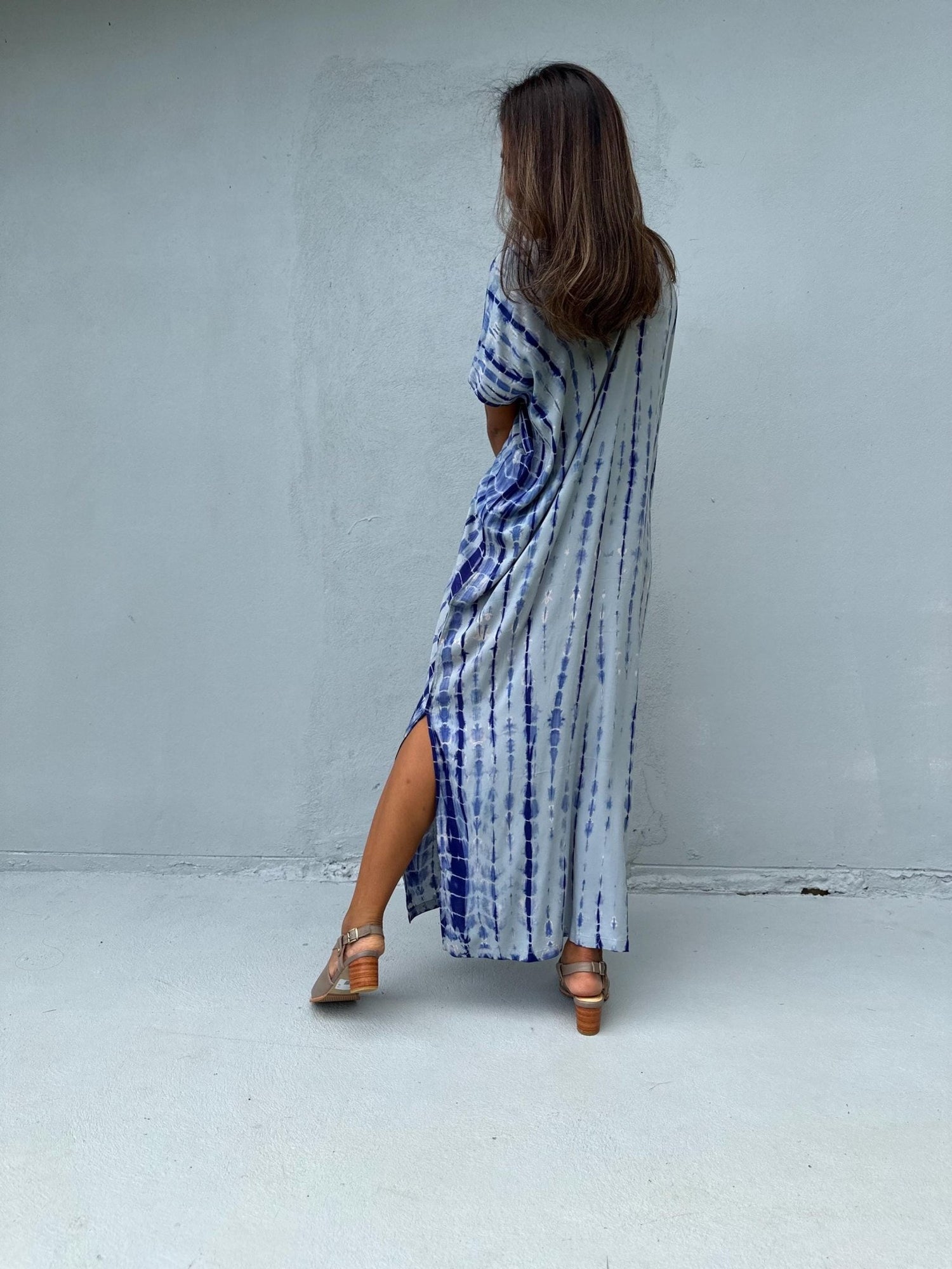 Mala Handworks Callie Petite Kaftan in White and Blue Tie Dye