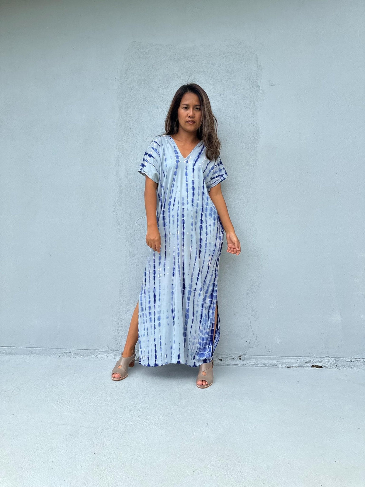 Mala Handworks Callie Petite Kaftan in White and Blue Tie Dye