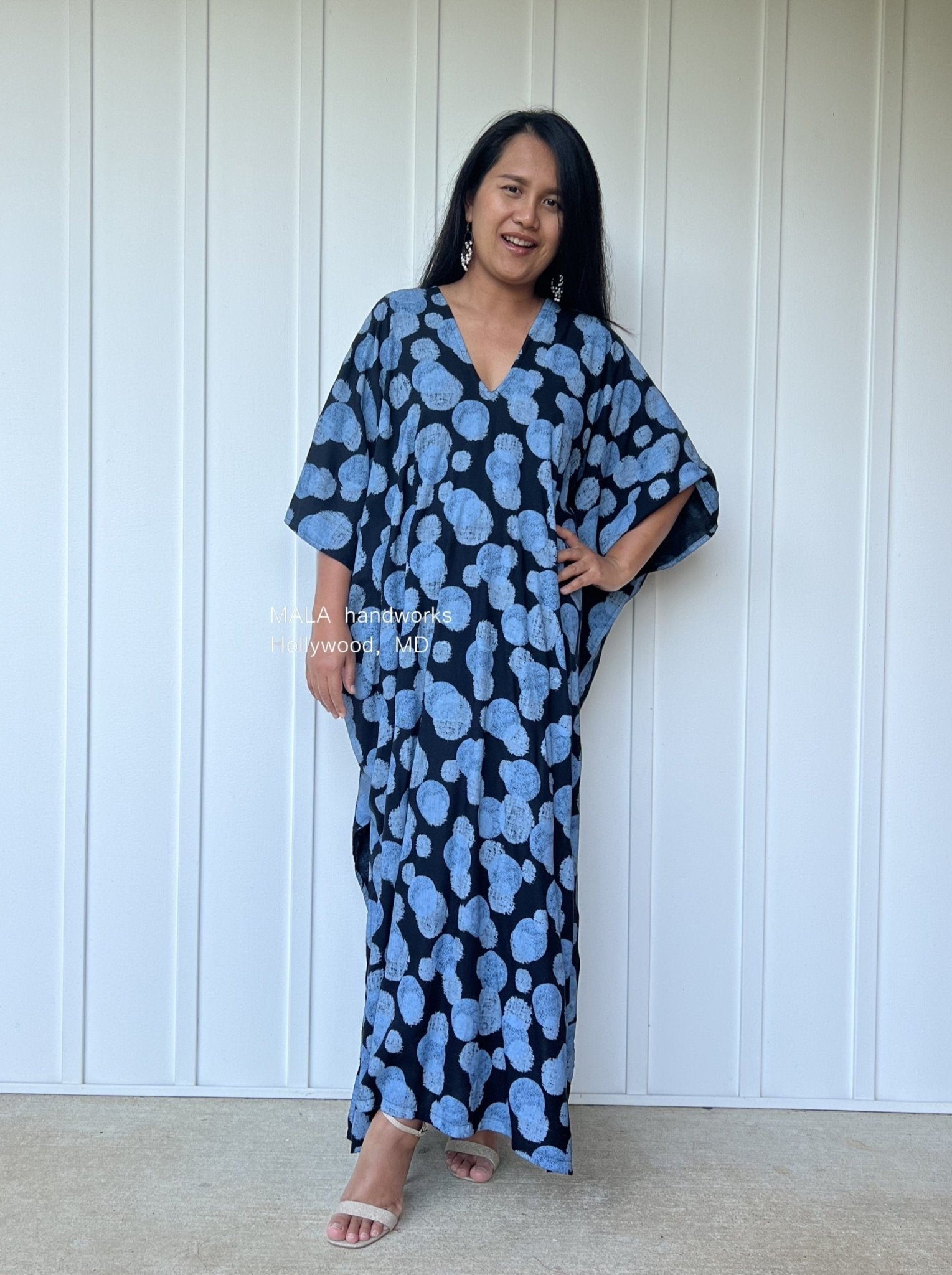 MALA handworks  Camila Kaftan in Black and Blue Silkscreen Pattern