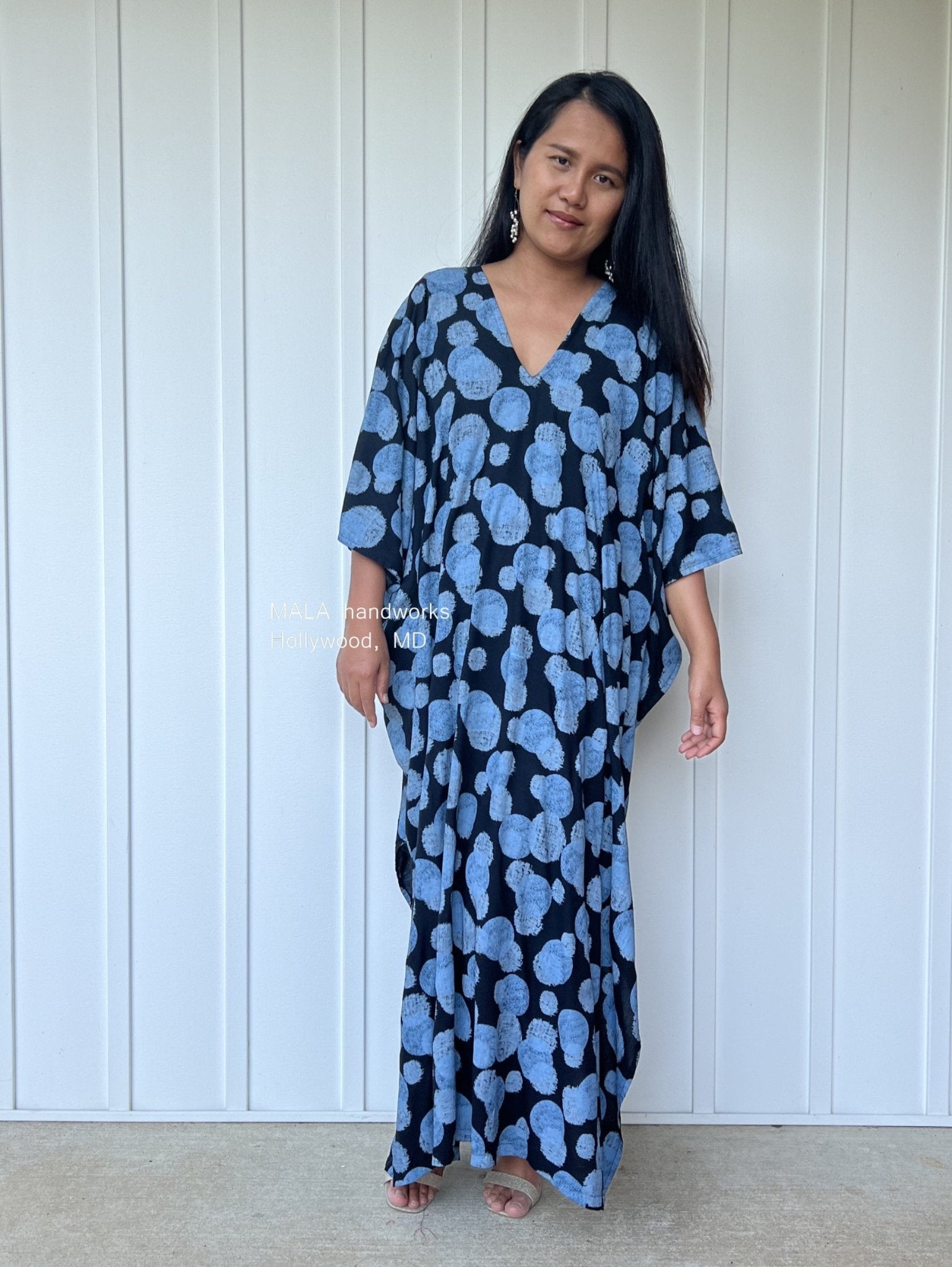 MALA handworks  Camila Kaftan in Black and Blue Silkscreen Pattern