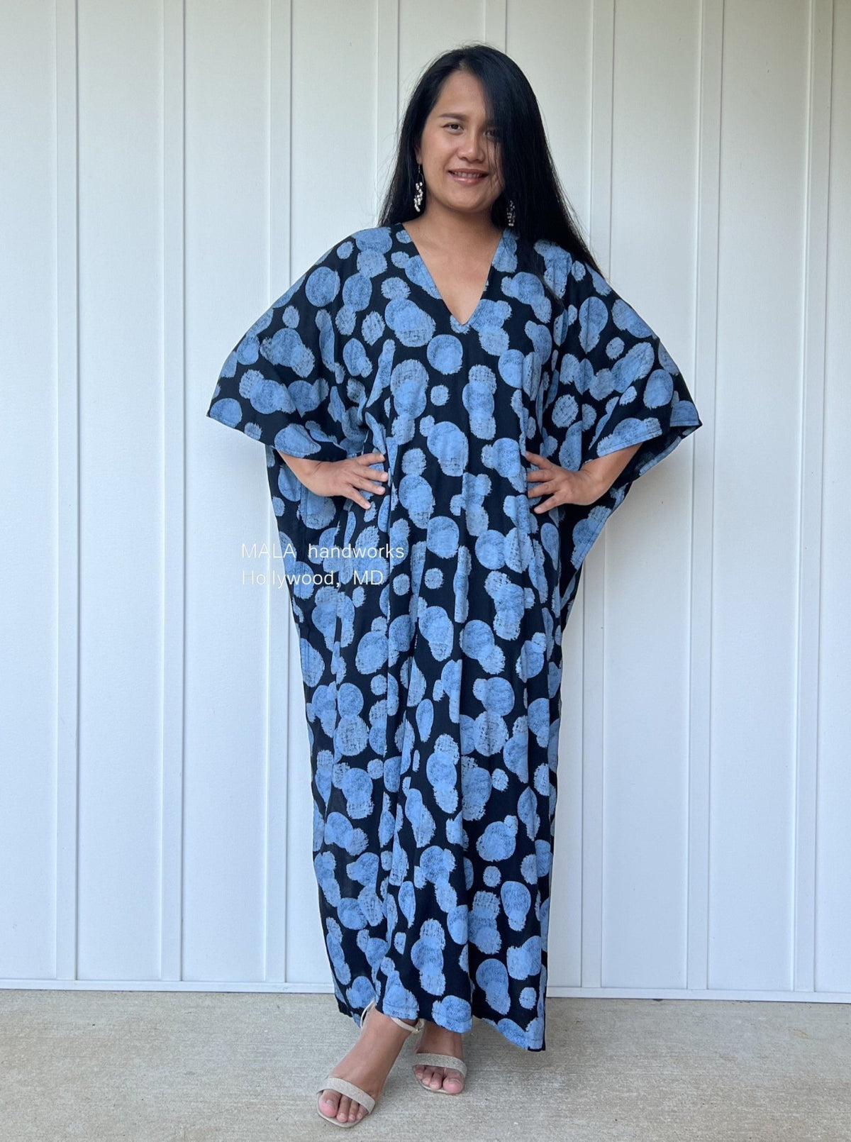 MALA handworks  Camila Kaftan in Black and Blue Silkscreen Pattern