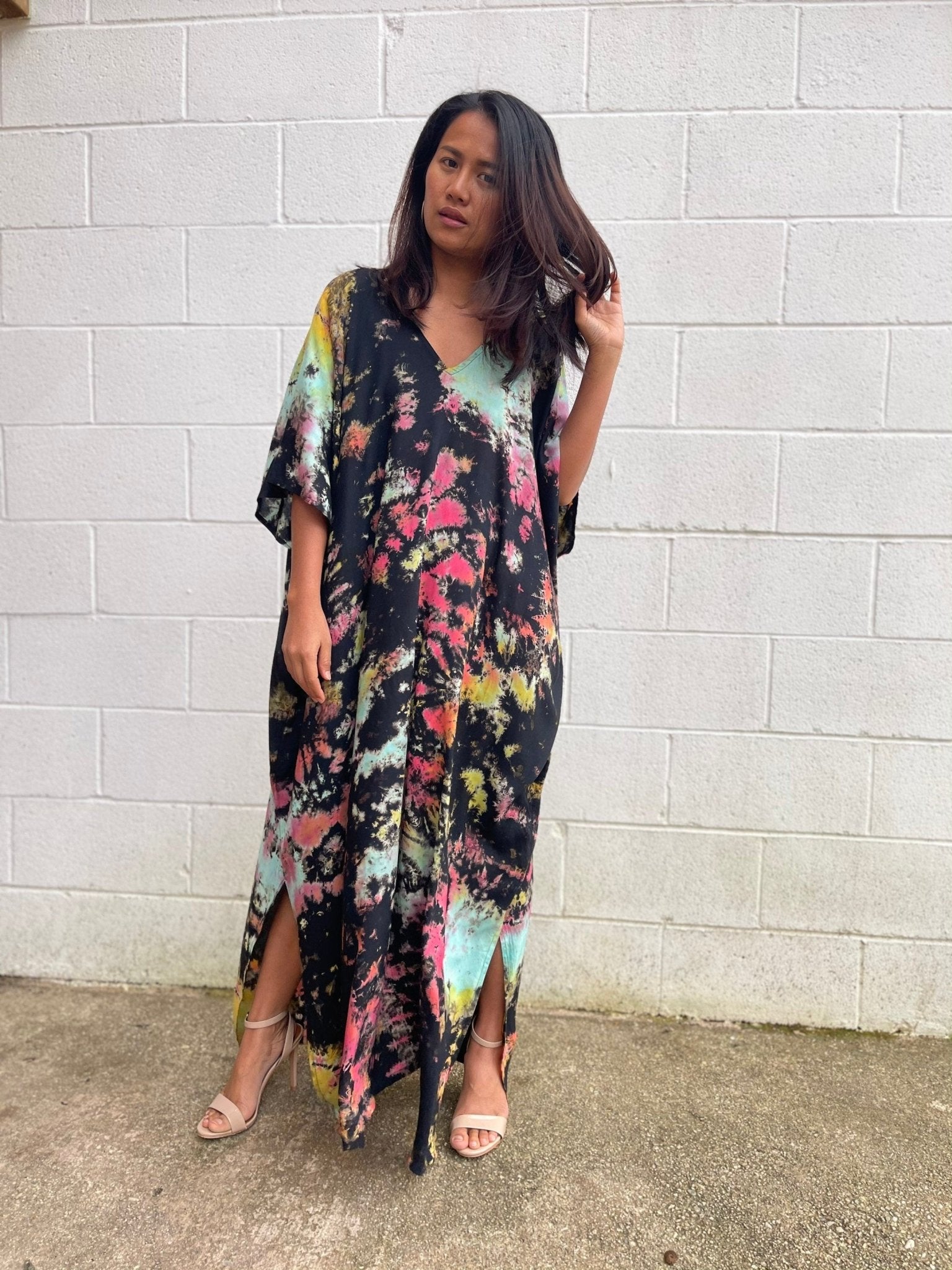 MALA handworks  Camila Kaftan in Black and Rainbow Tie Dye