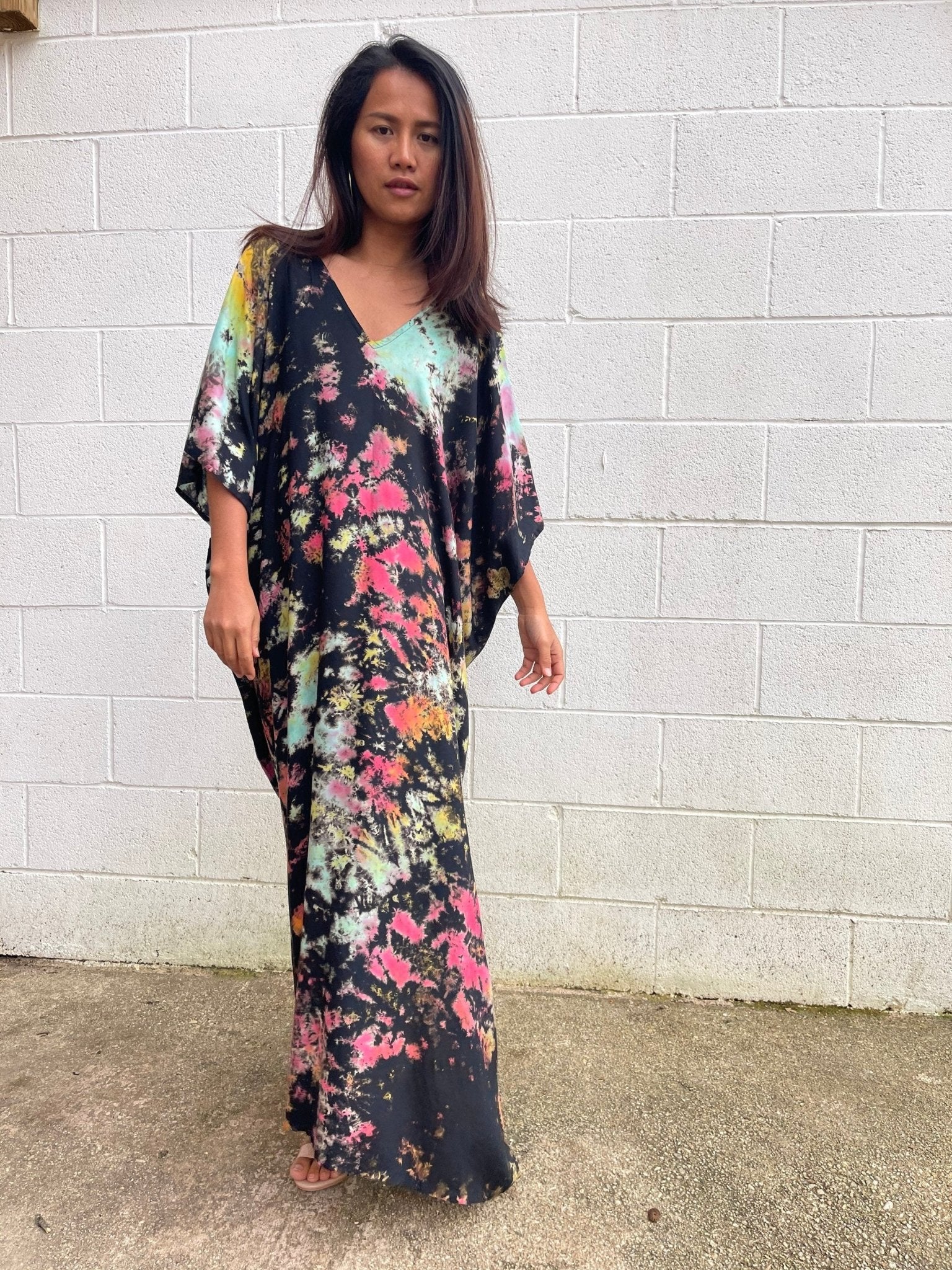 MALA handworks  Camila Kaftan in Black and Rainbow Tie Dye