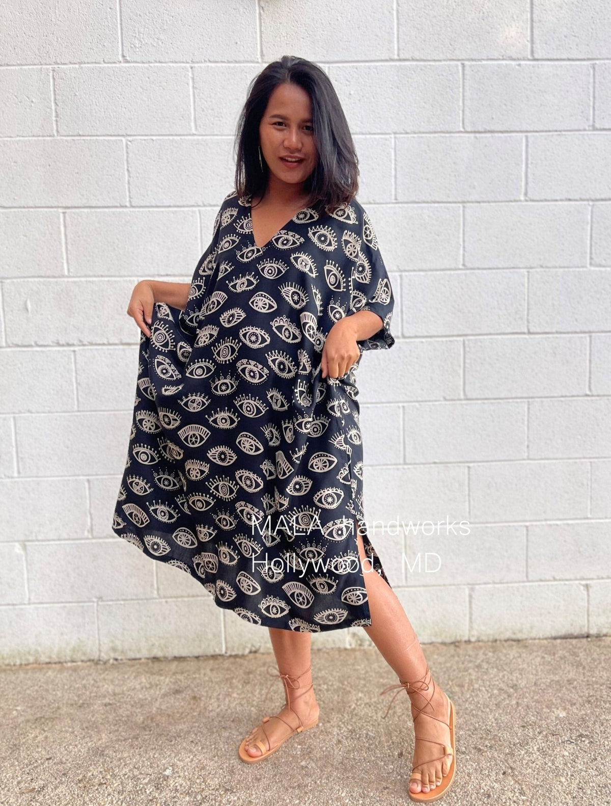 MALA handworks  Camila Kaftan in Black and Silkscreen Eye Pattern