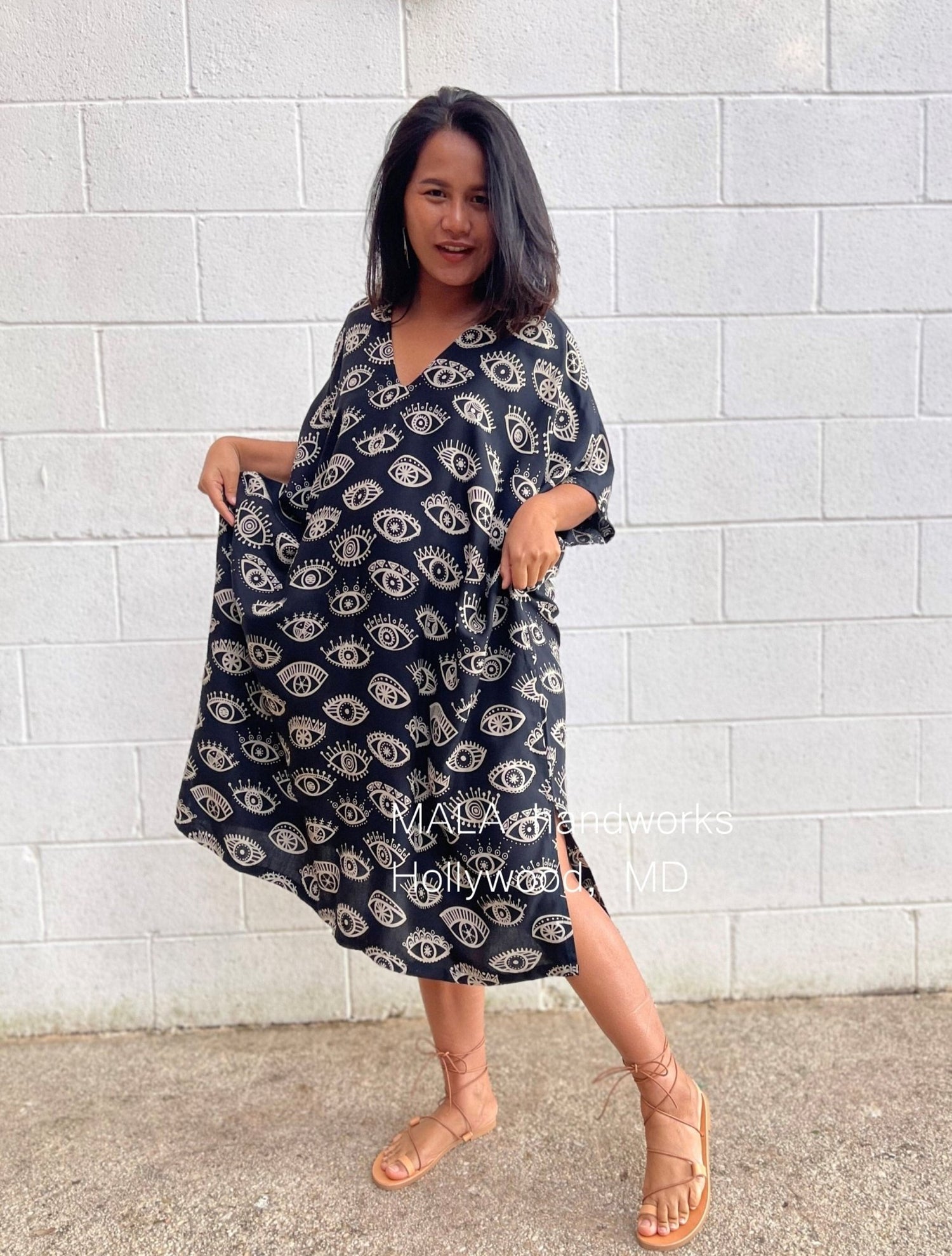 MALA handworks  Camila Kaftan in Black and Silkscreen Eye Pattern