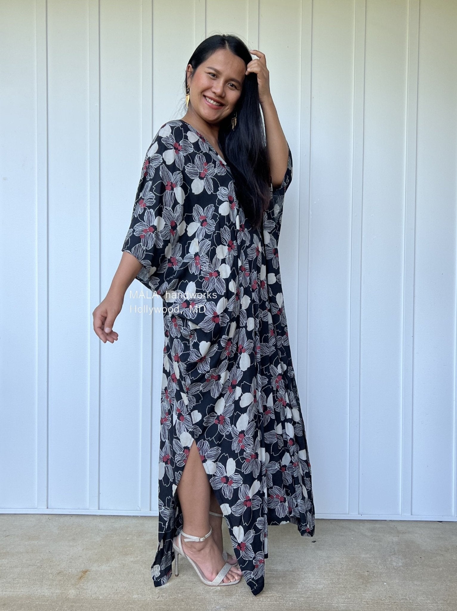 MALA handworks  Camila Kaftan in Black and Silkscreen Floral Pattern