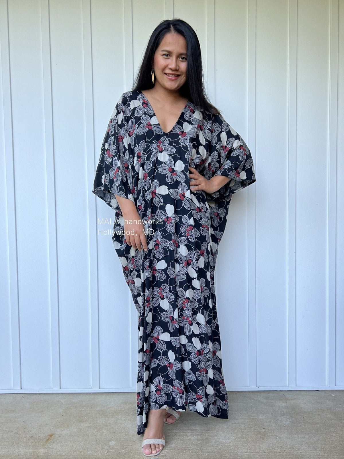 MALA handworks  Camila Kaftan in Black and Silkscreen Floral Pattern