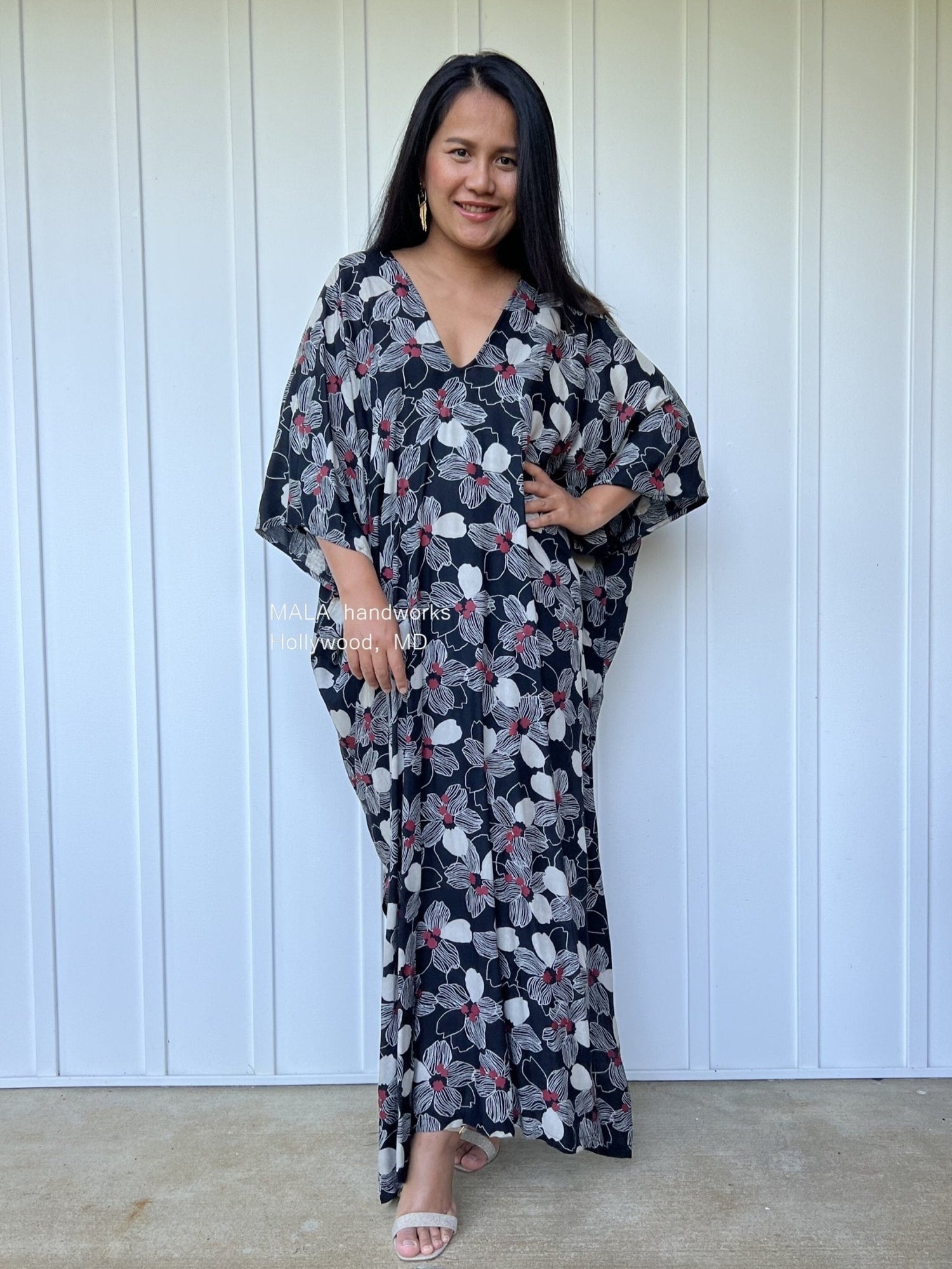 MALA handworks  Camila Kaftan in Black and Silkscreen Floral Pattern