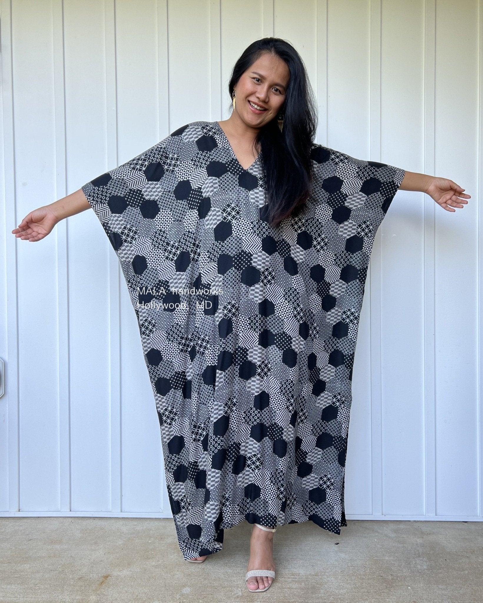 MALA handworks  Camila Kaftan in Black and Silkscreen Geometric Pattern