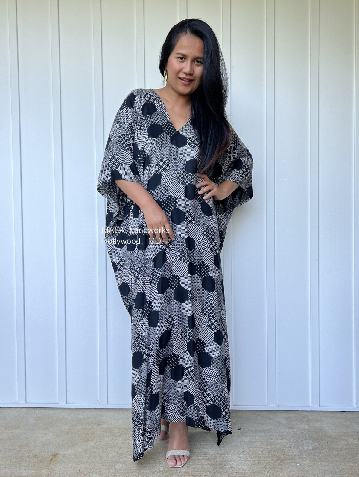 MALA handworks  Camila Kaftan in Black and Silkscreen Geometric Pattern