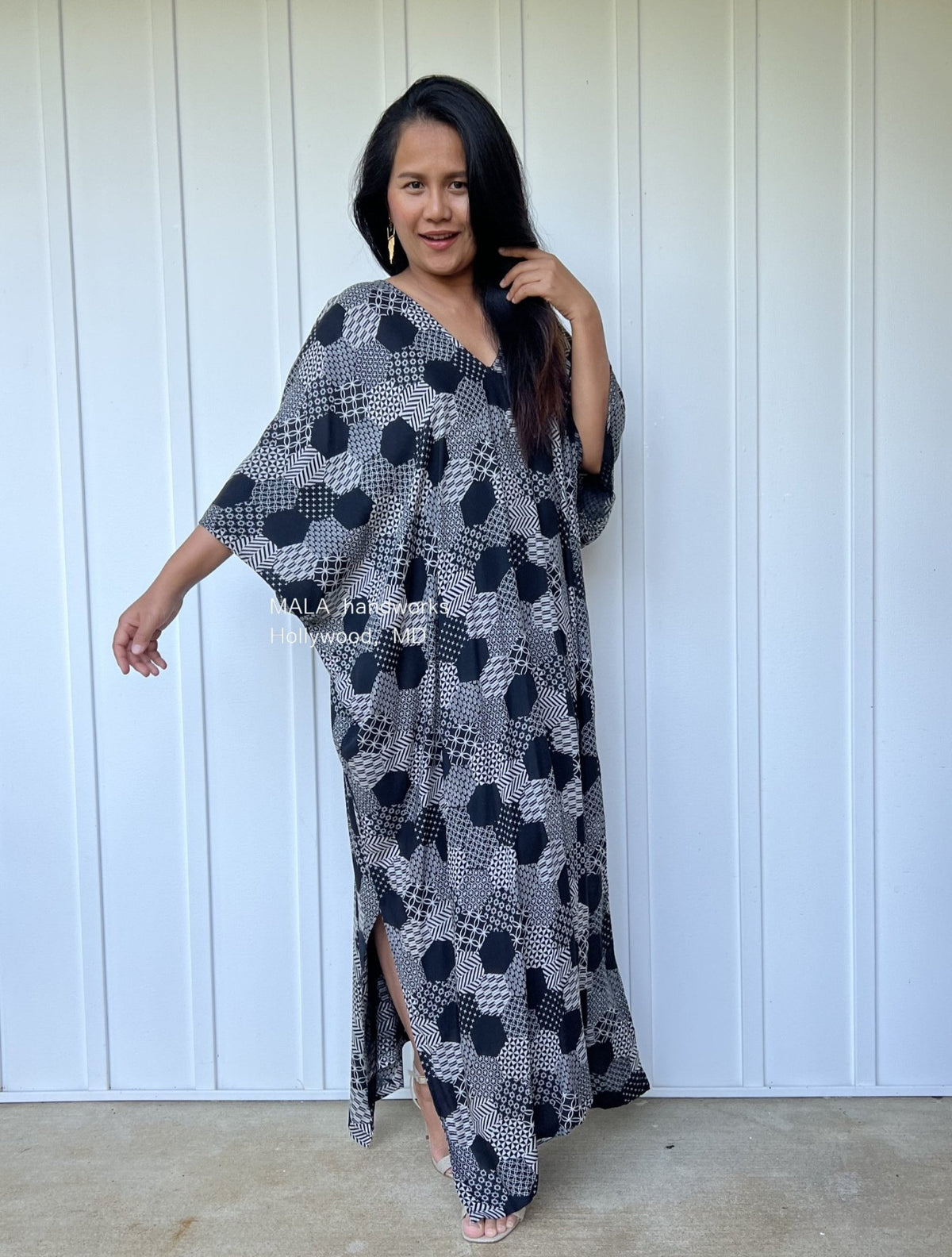 MALA handworks  Camila Kaftan in Black and Silkscreen Geometric Pattern