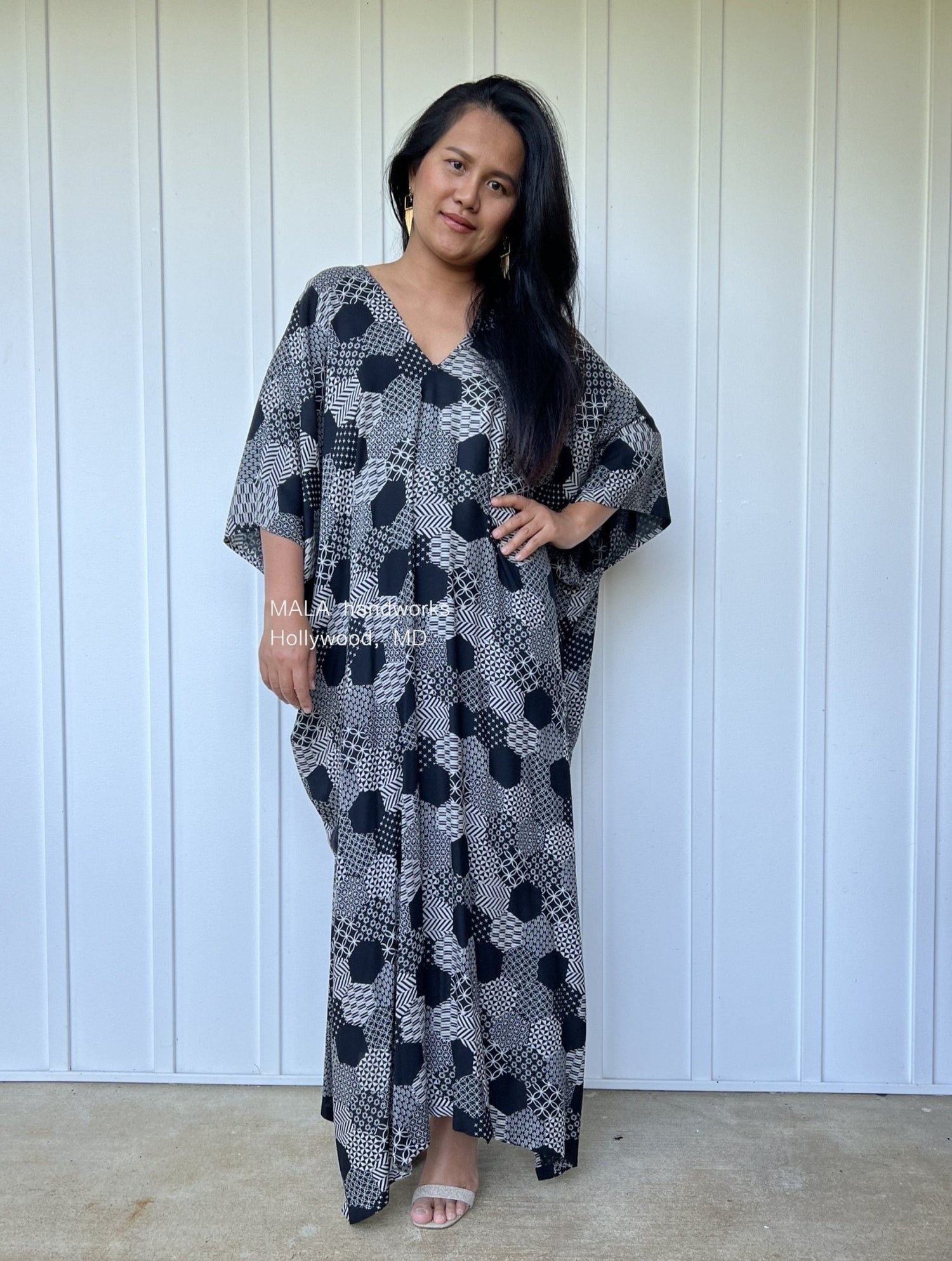MALA handworks  Camila Kaftan in Black and Silkscreen Geometric Pattern