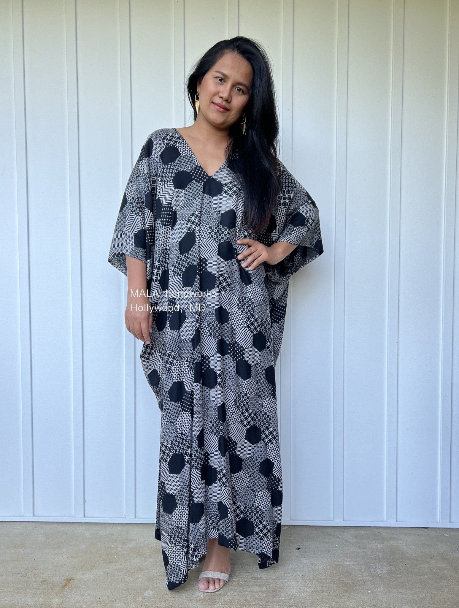 MALA handworks  Camila Kaftan in Black and Silkscreen Geometric Pattern