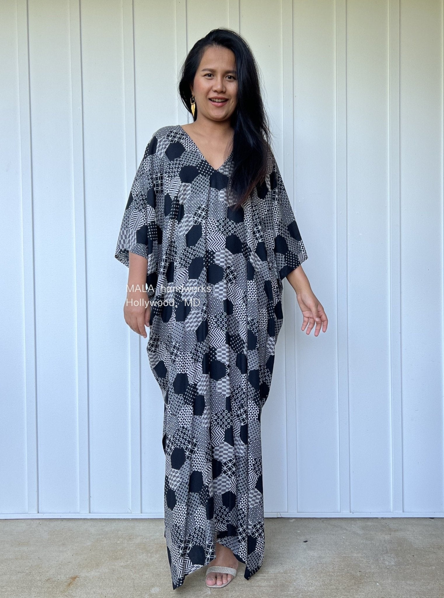 MALA handworks  Camila Kaftan in Black and Silkscreen Geometric Pattern