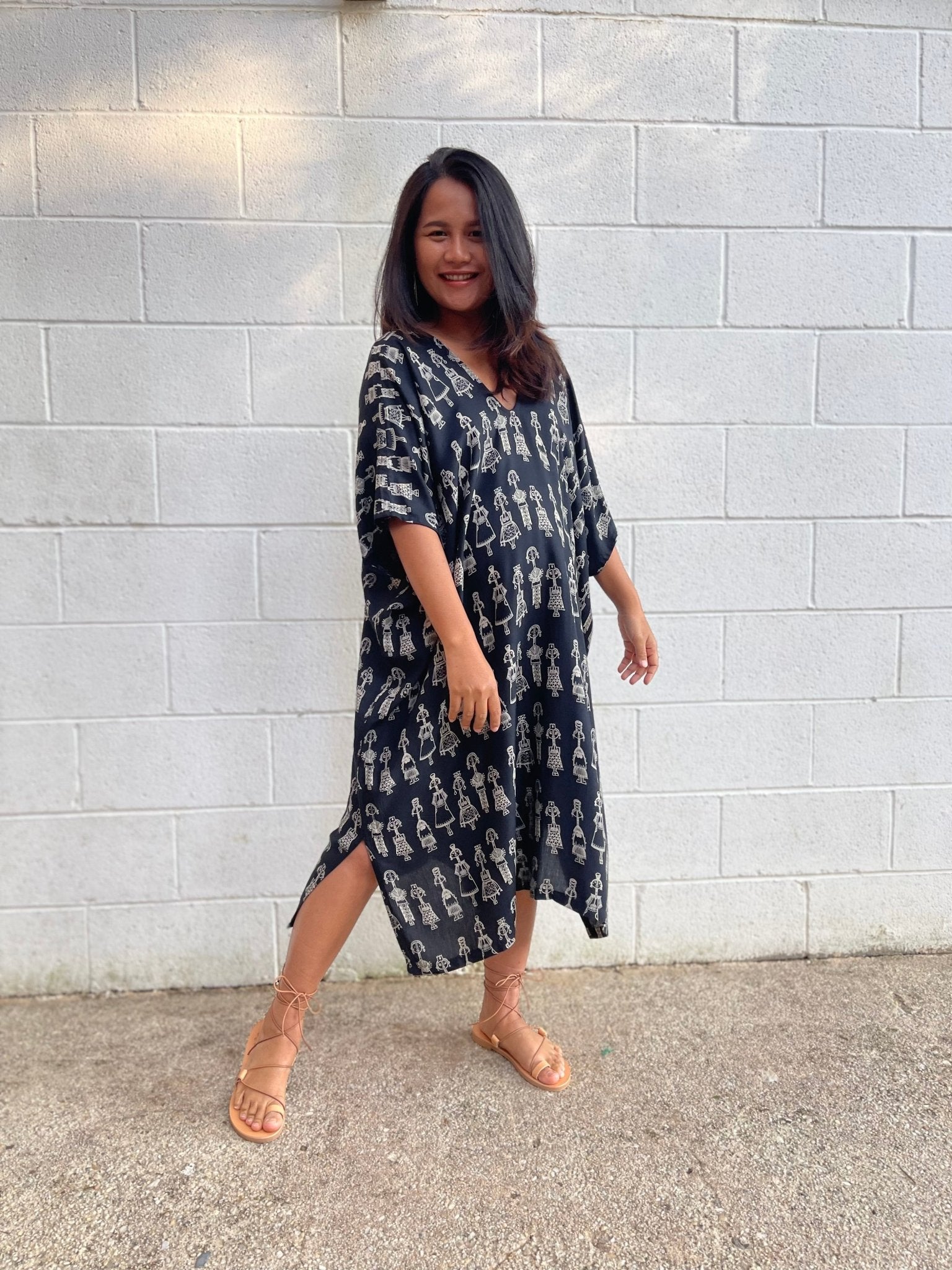 MALA handworks Camila Kaftan in Black and Silkscreen Mask Pattern