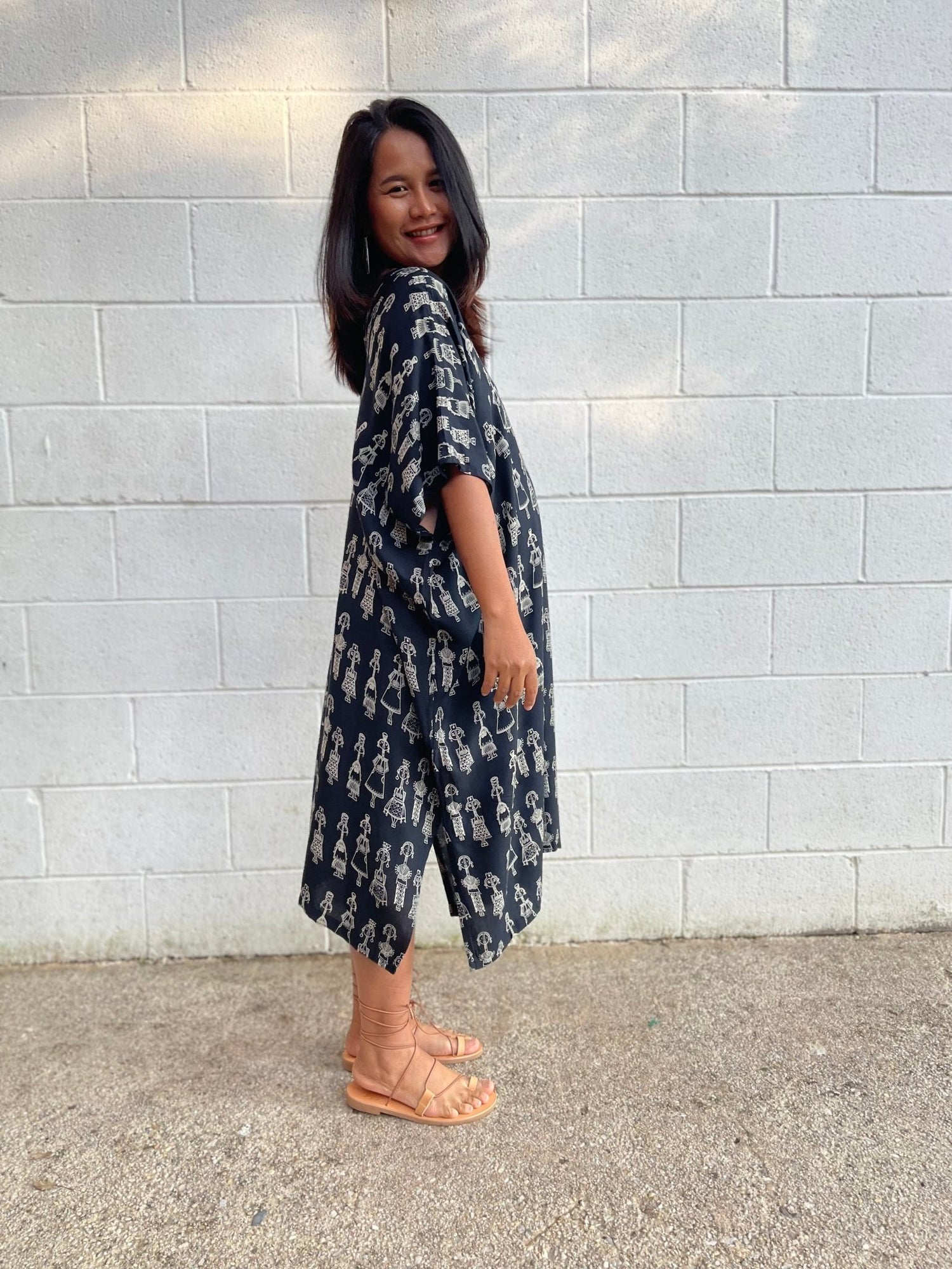 MALA handworks Camila Kaftan in Black and Silkscreen Mask Pattern