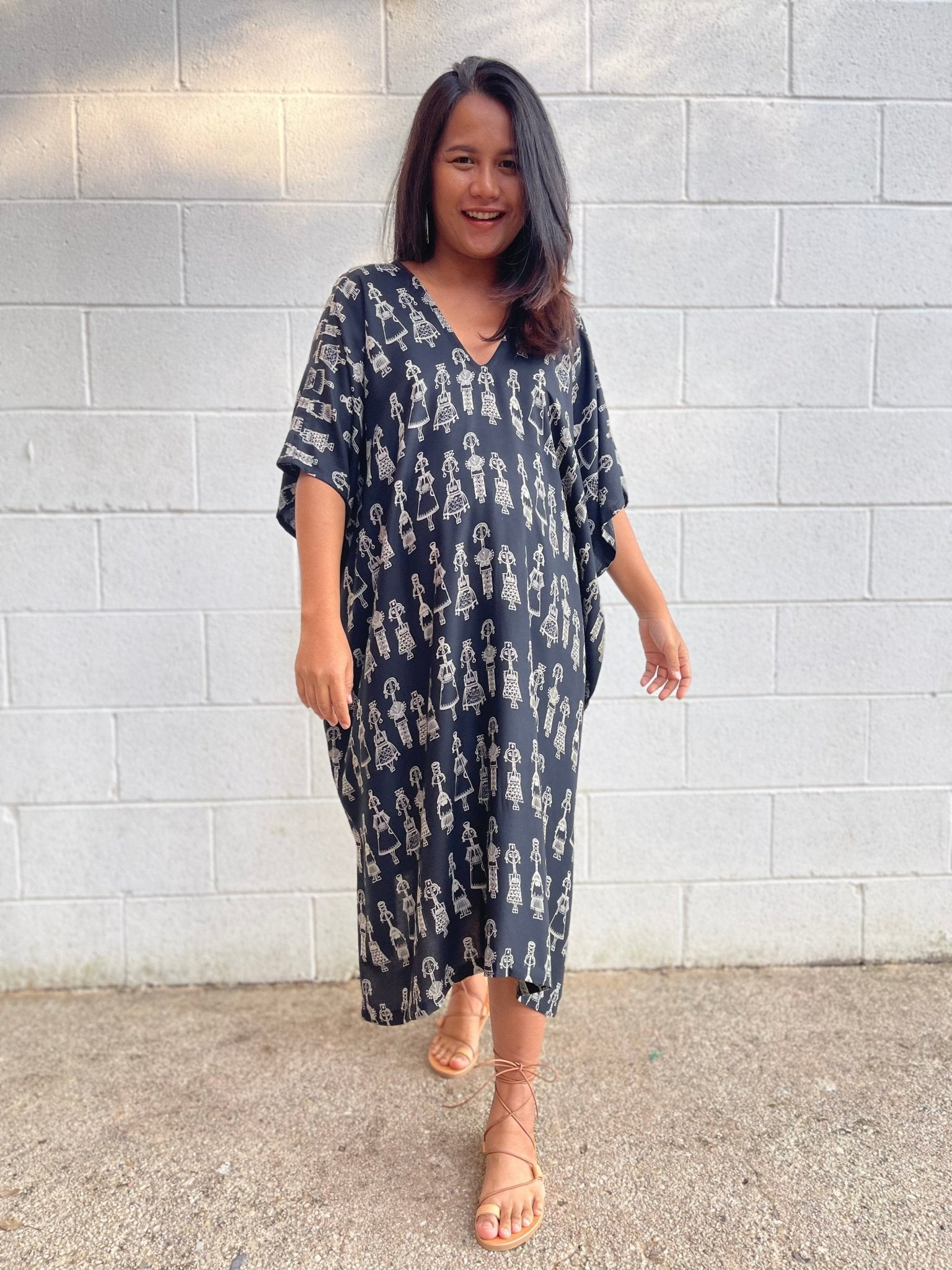 MALA handworks Camila Kaftan in Black and Silkscreen Mask Pattern