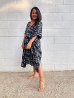 MALA handworks Camila Kaftan in Black and Silkscreen Mask Pattern