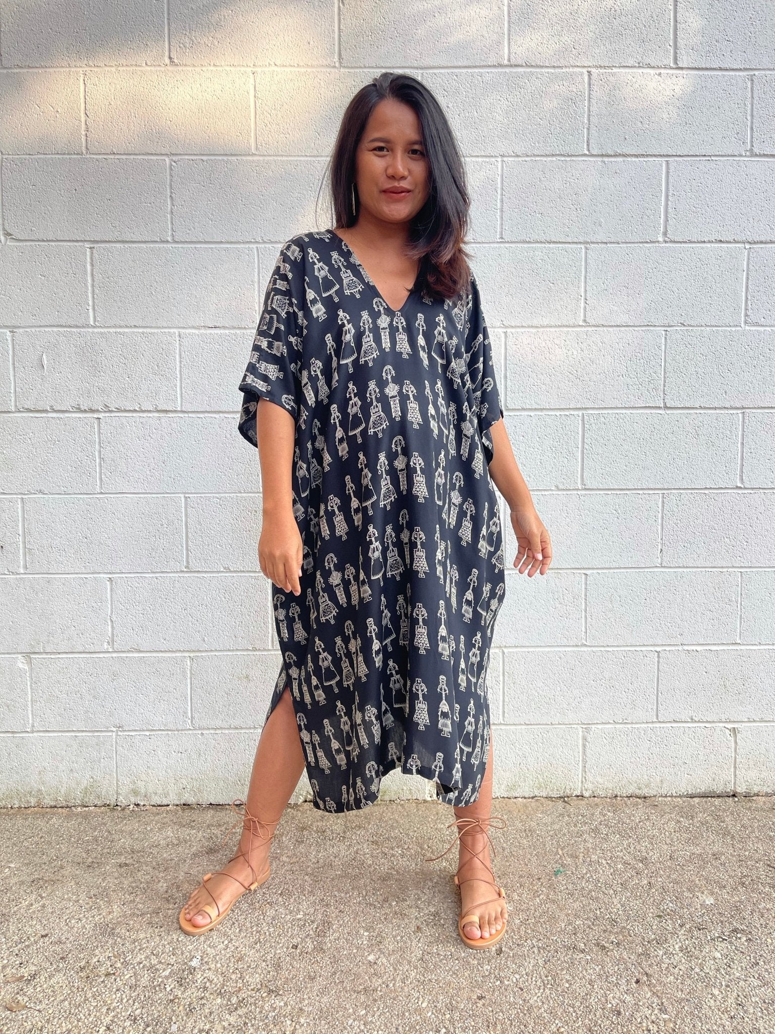 MALA handworks Camila Kaftan in Black and Silkscreen Mask Pattern