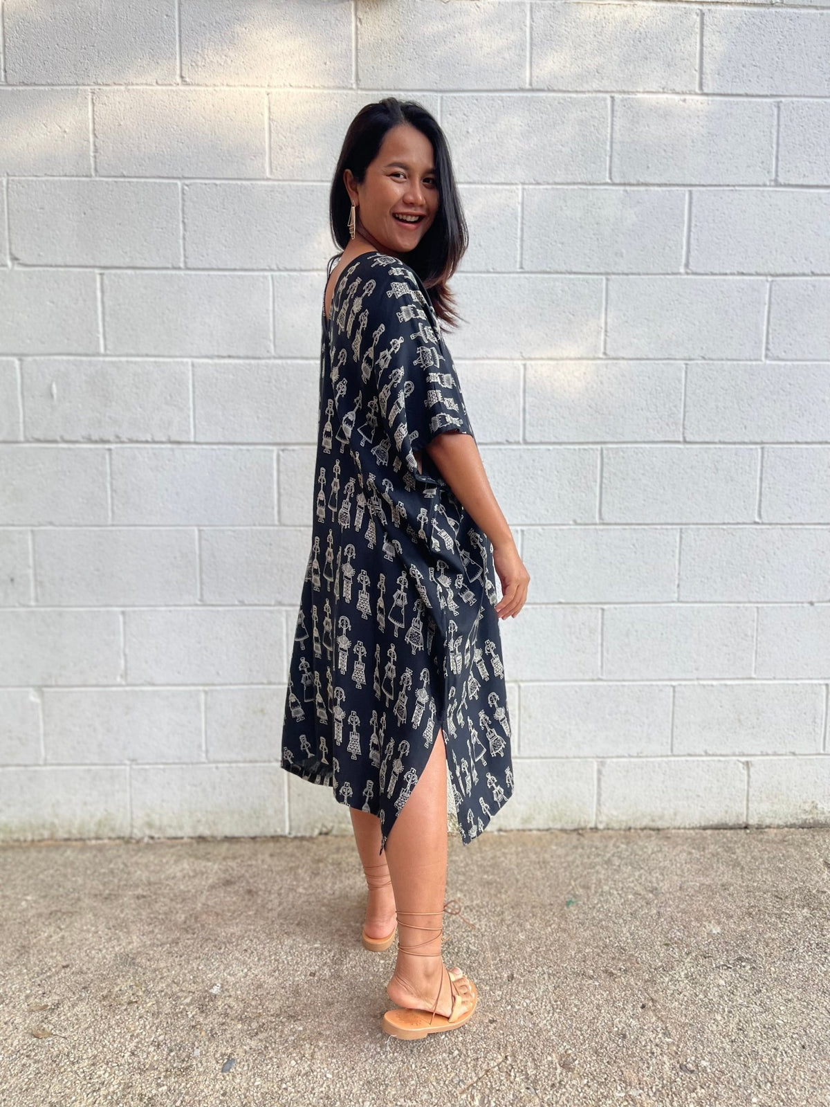 MALA handworks Camila Kaftan in Black and Silkscreen Mask Pattern