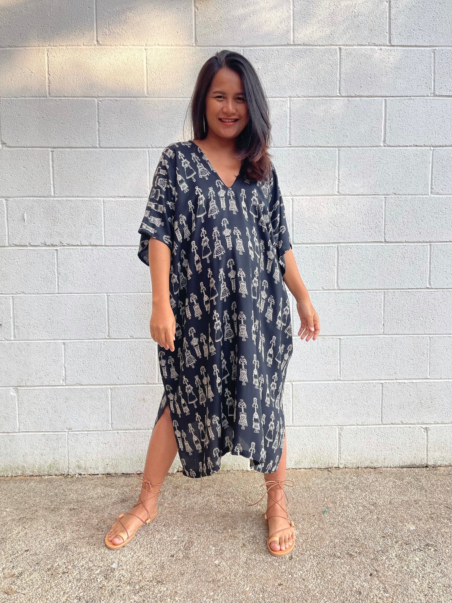 MALA handworks Camila Kaftan in Black and Silkscreen Mask Pattern