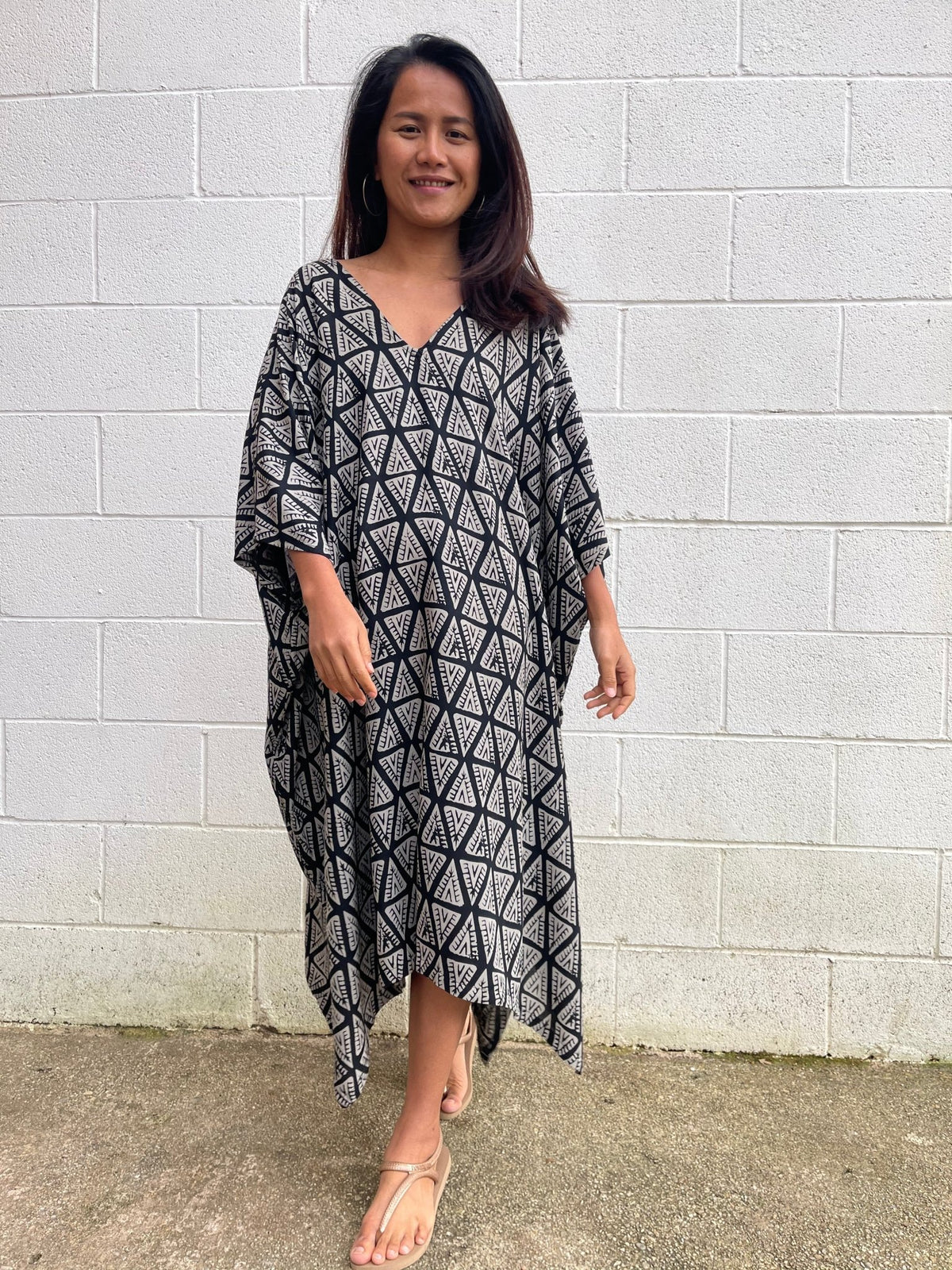 MALA handworks Camila Kaftan in Black and Silkscreen Pattern