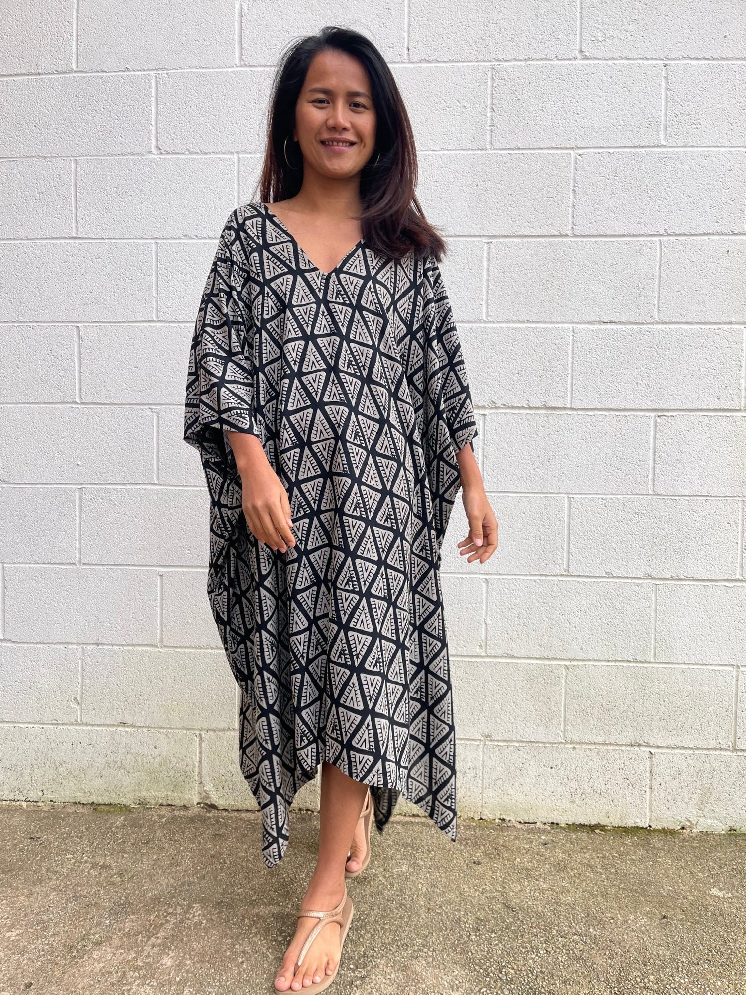 MALA handworks Camila Kaftan in Black and Silkscreen Pattern