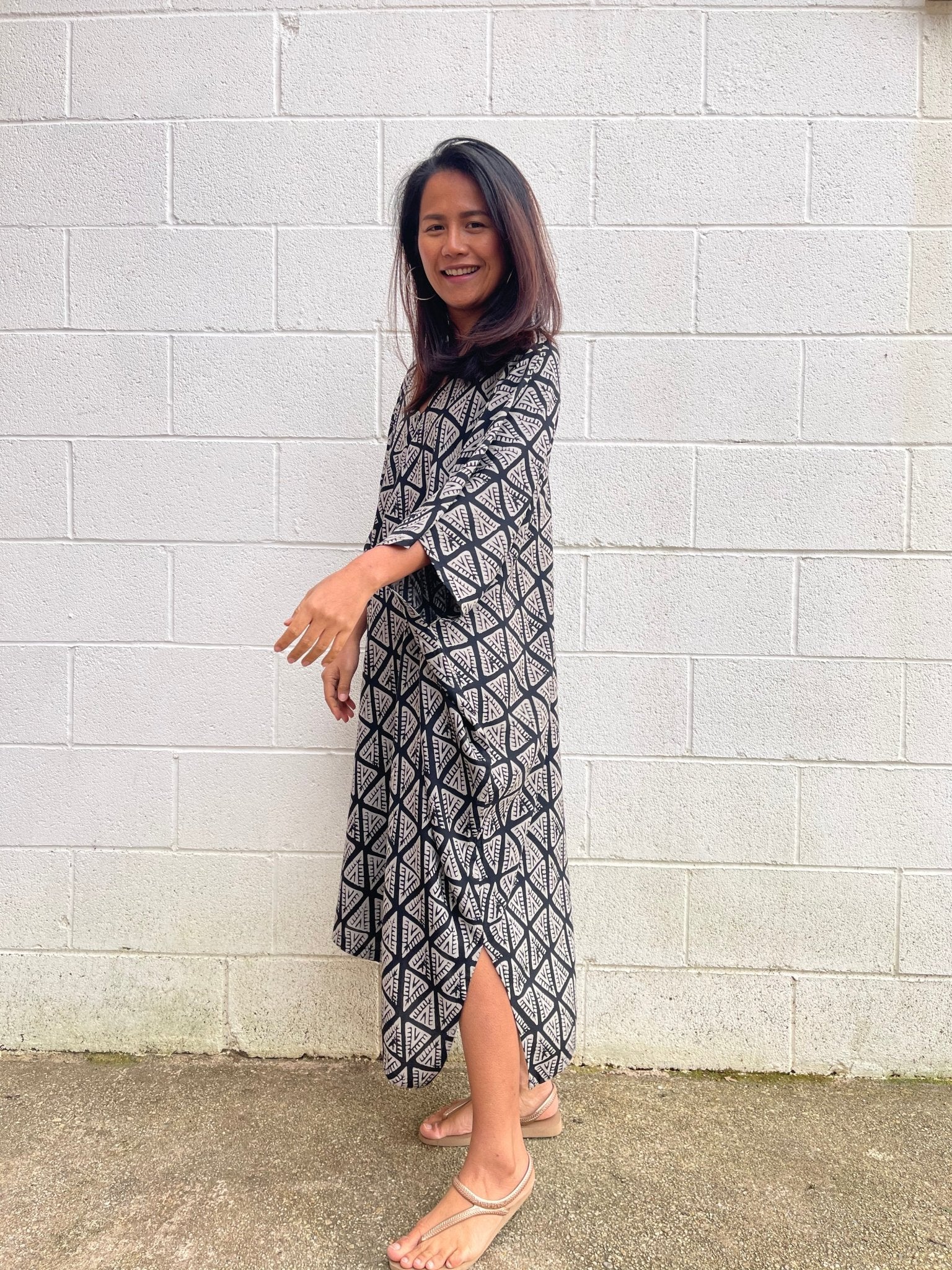 MALA handworks Camila Kaftan in Black and Silkscreen Pattern