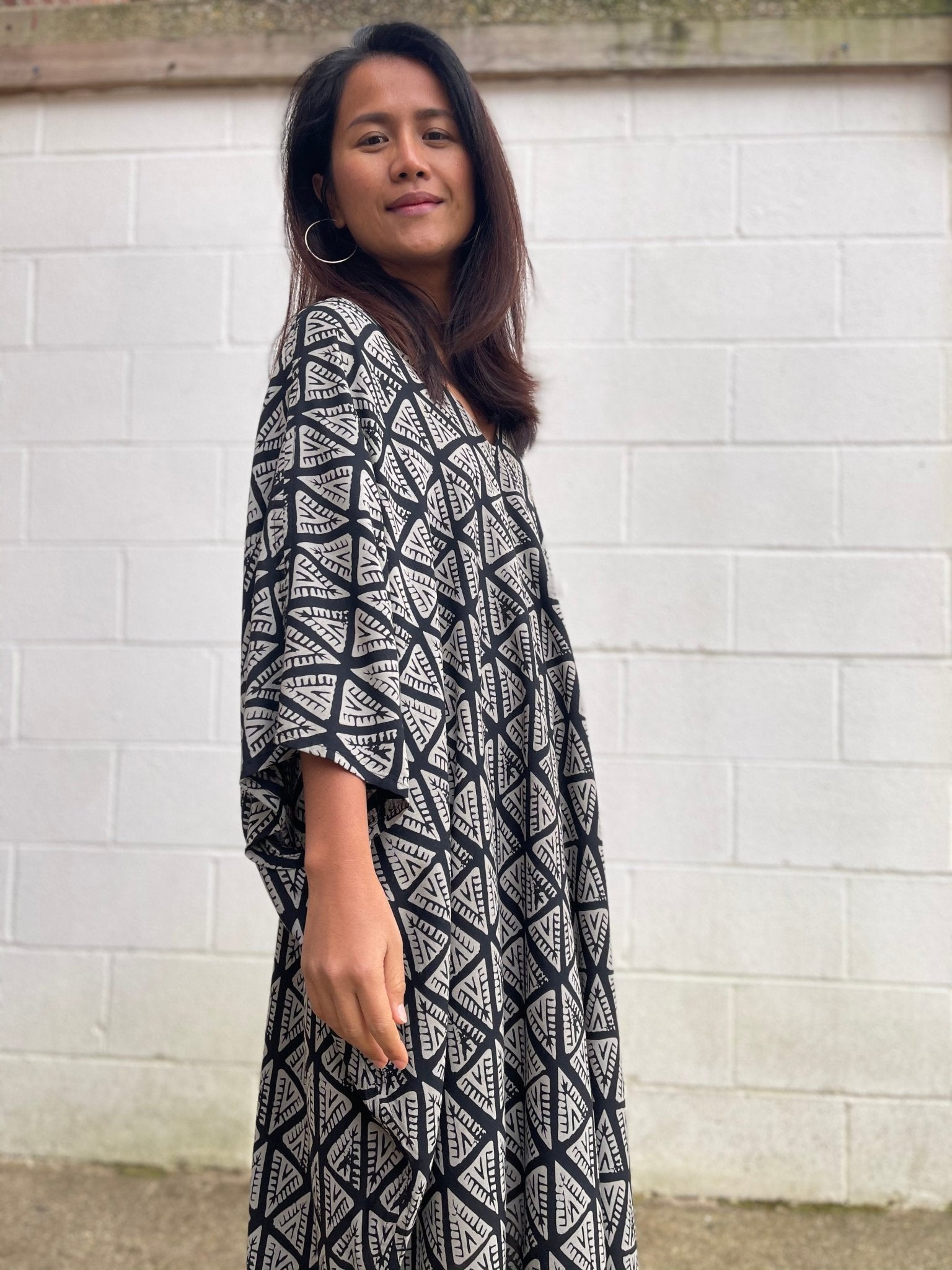 MALA handworks Camila Kaftan in Black and Silkscreen Pattern