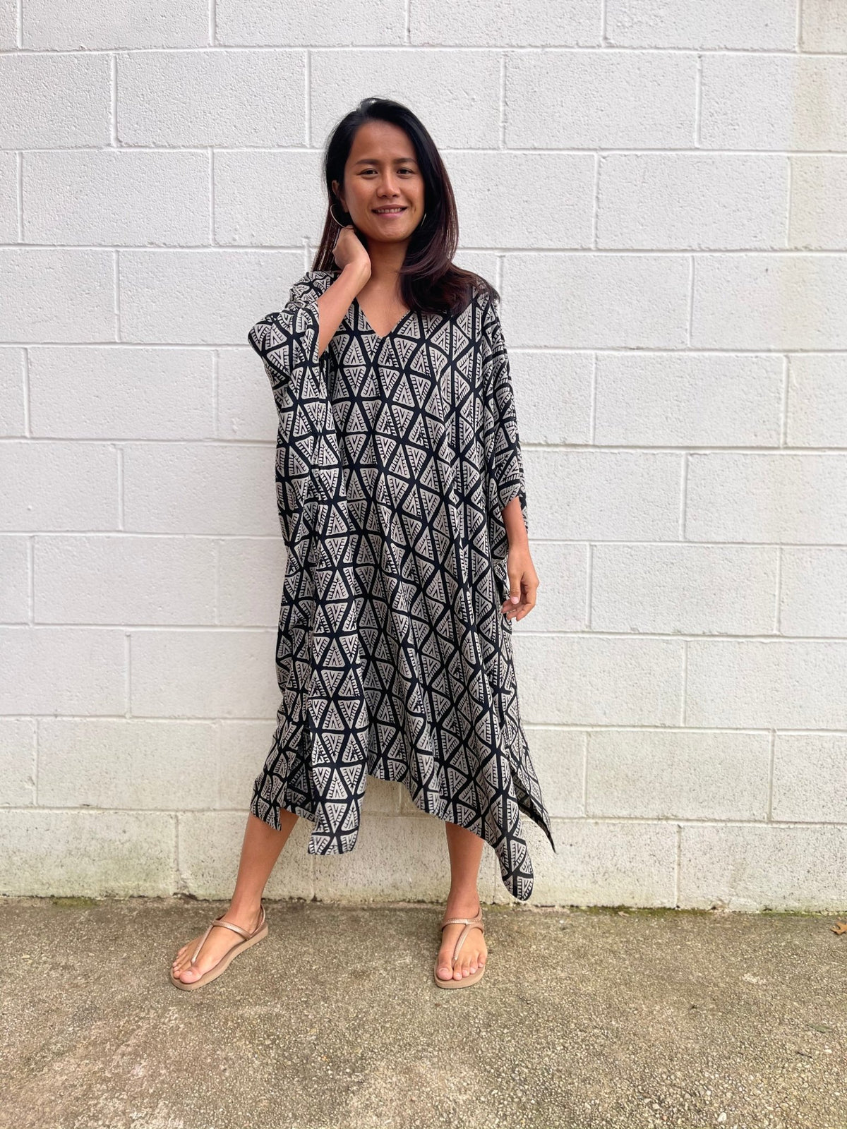 MALA handworks Camila Kaftan in Black and Silkscreen Pattern