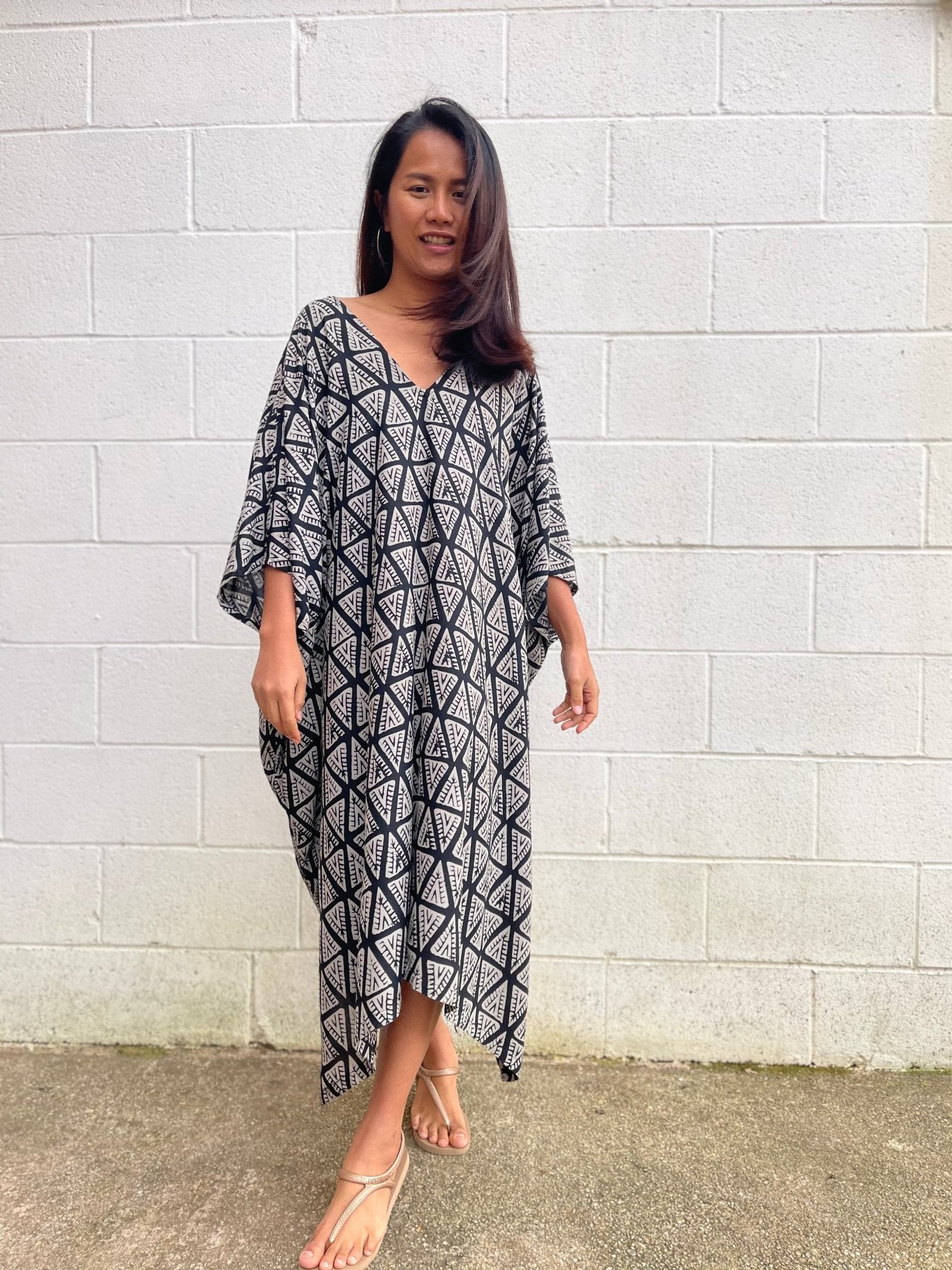 MALA handworks Camila Kaftan in Black and Silkscreen Pattern