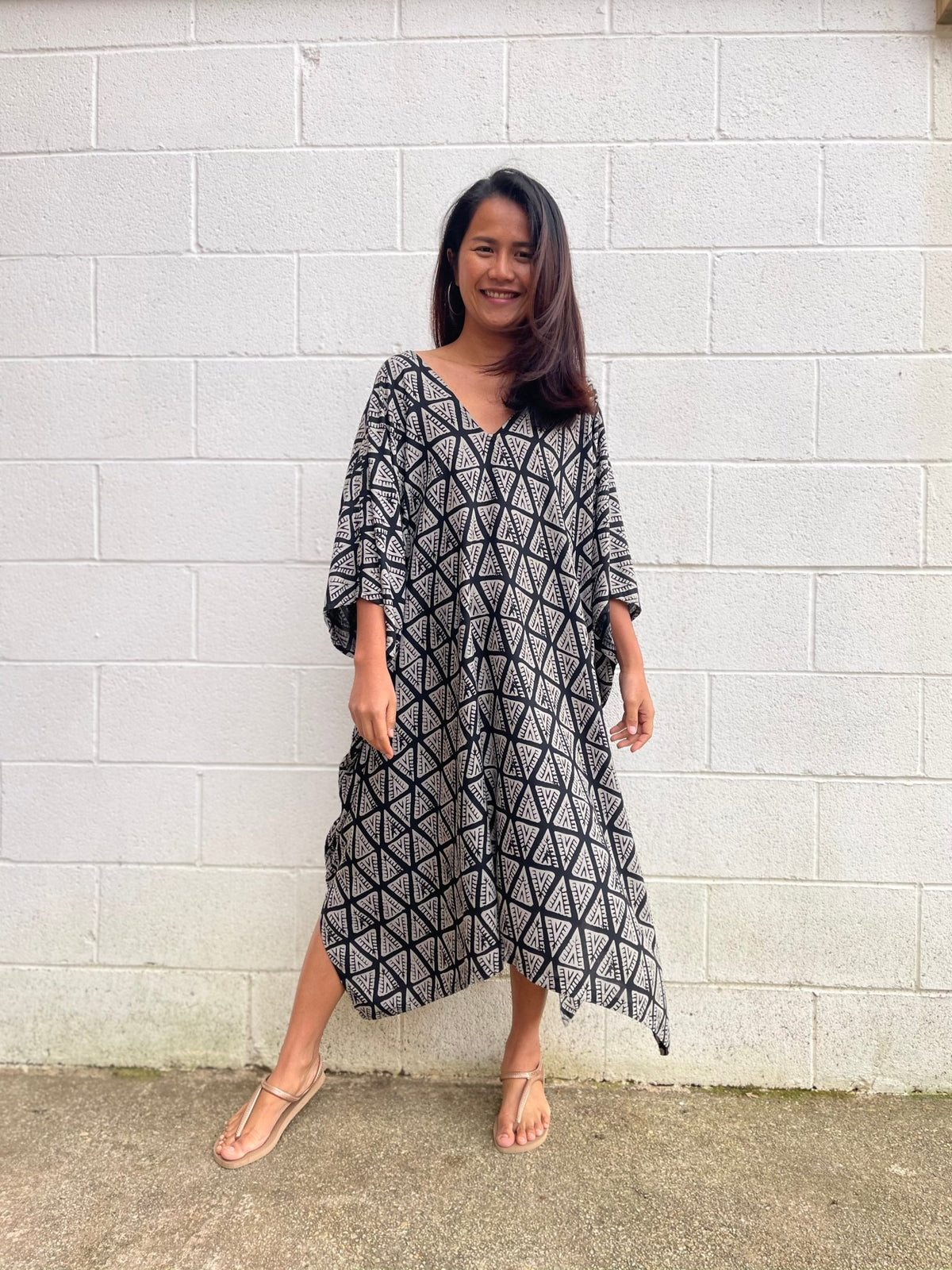 MALA handworks Camila Kaftan in Black and Silkscreen Pattern