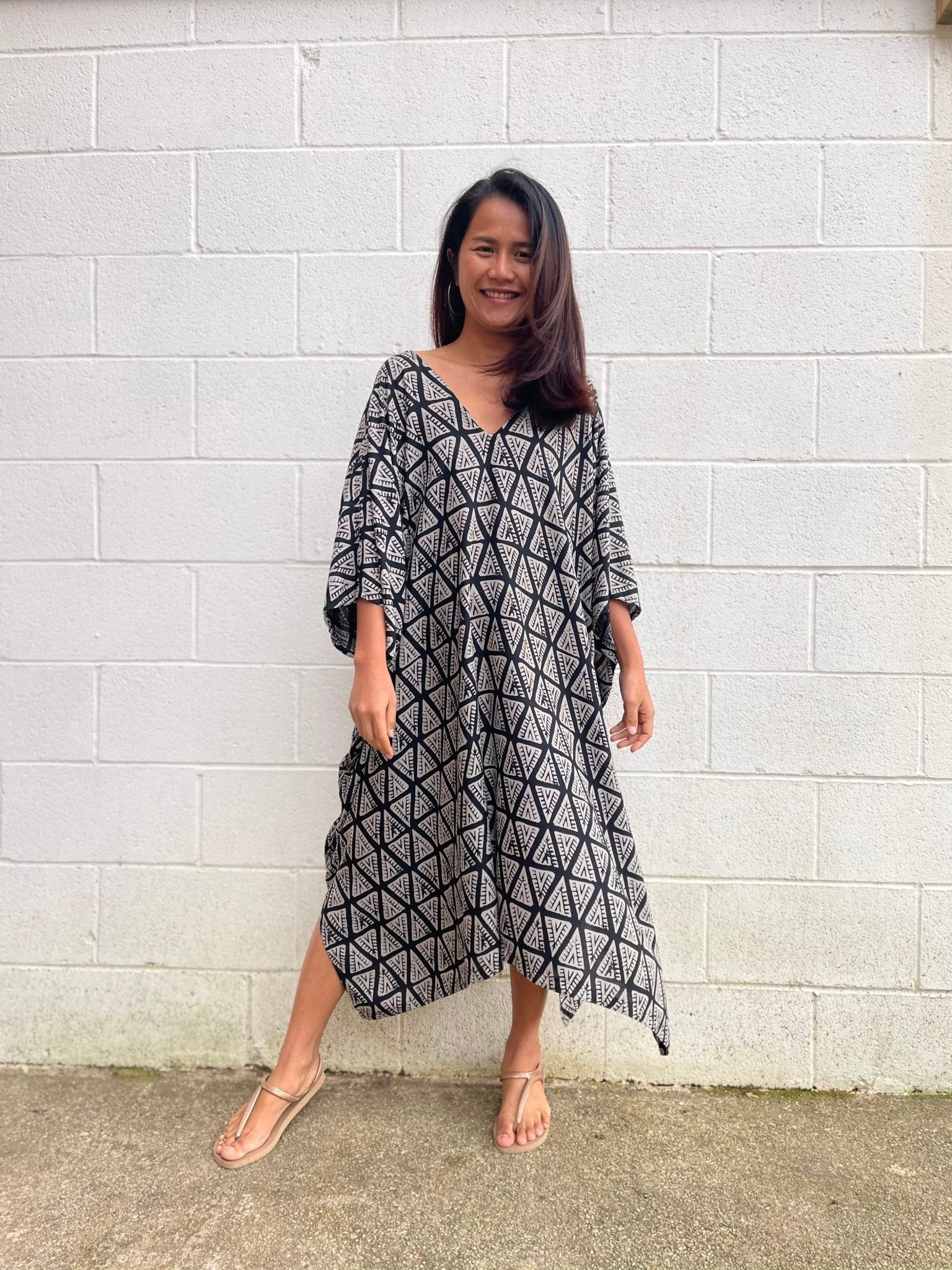 MALA handworks Camila Kaftan in Black and Silkscreen Pattern