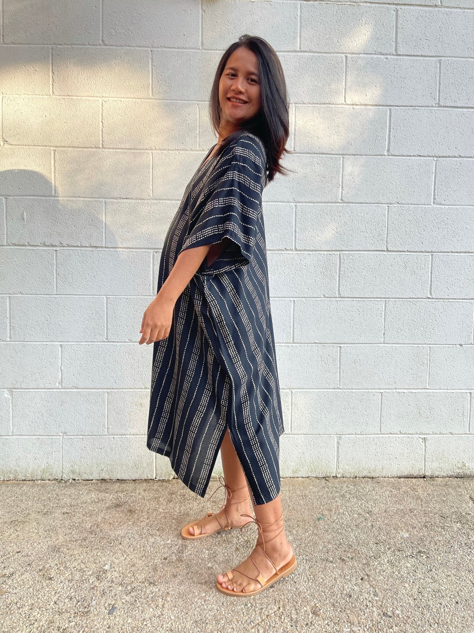 MALA handworks Camila Kaftan in Black and Silkscreen Pattern