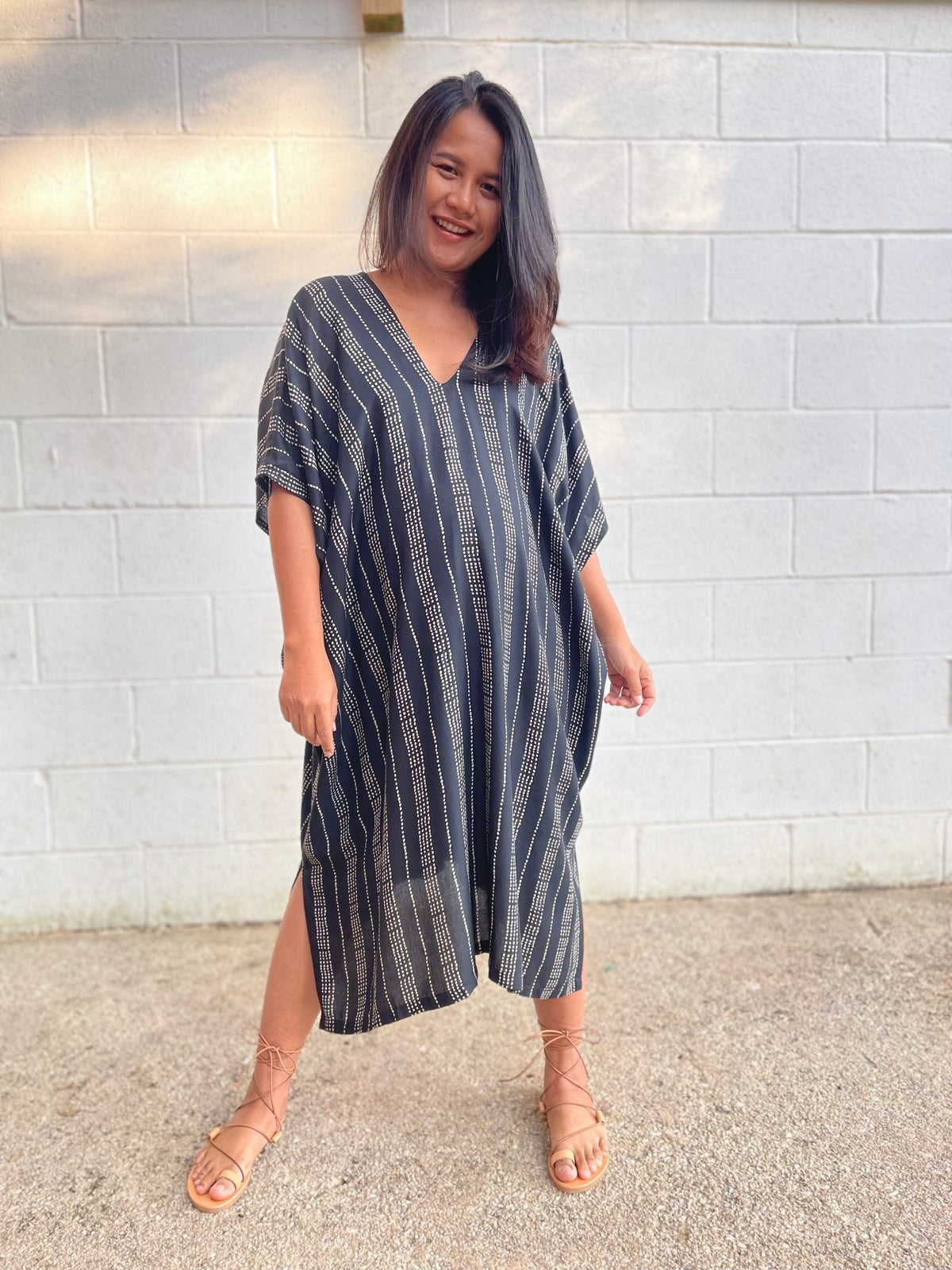 MALA handworks Camila Kaftan in Black and Silkscreen Pattern