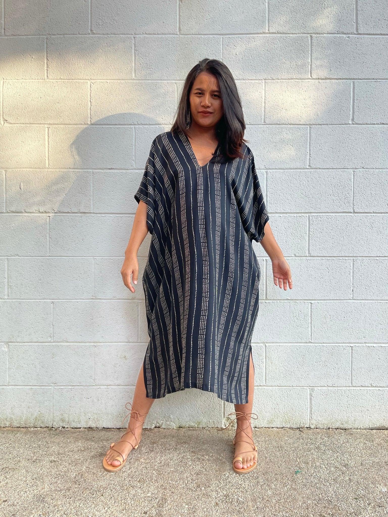 MALA handworks Camila Kaftan in Black and Silkscreen Pattern