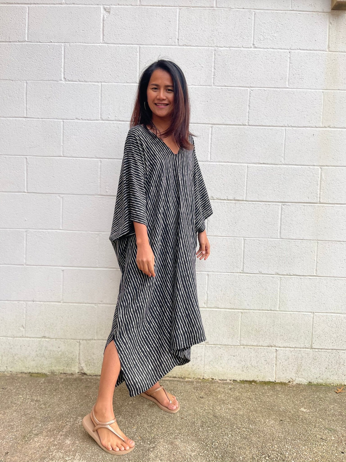 MALA handworks Camila Kaftan in Black and Silkscreen Stripes