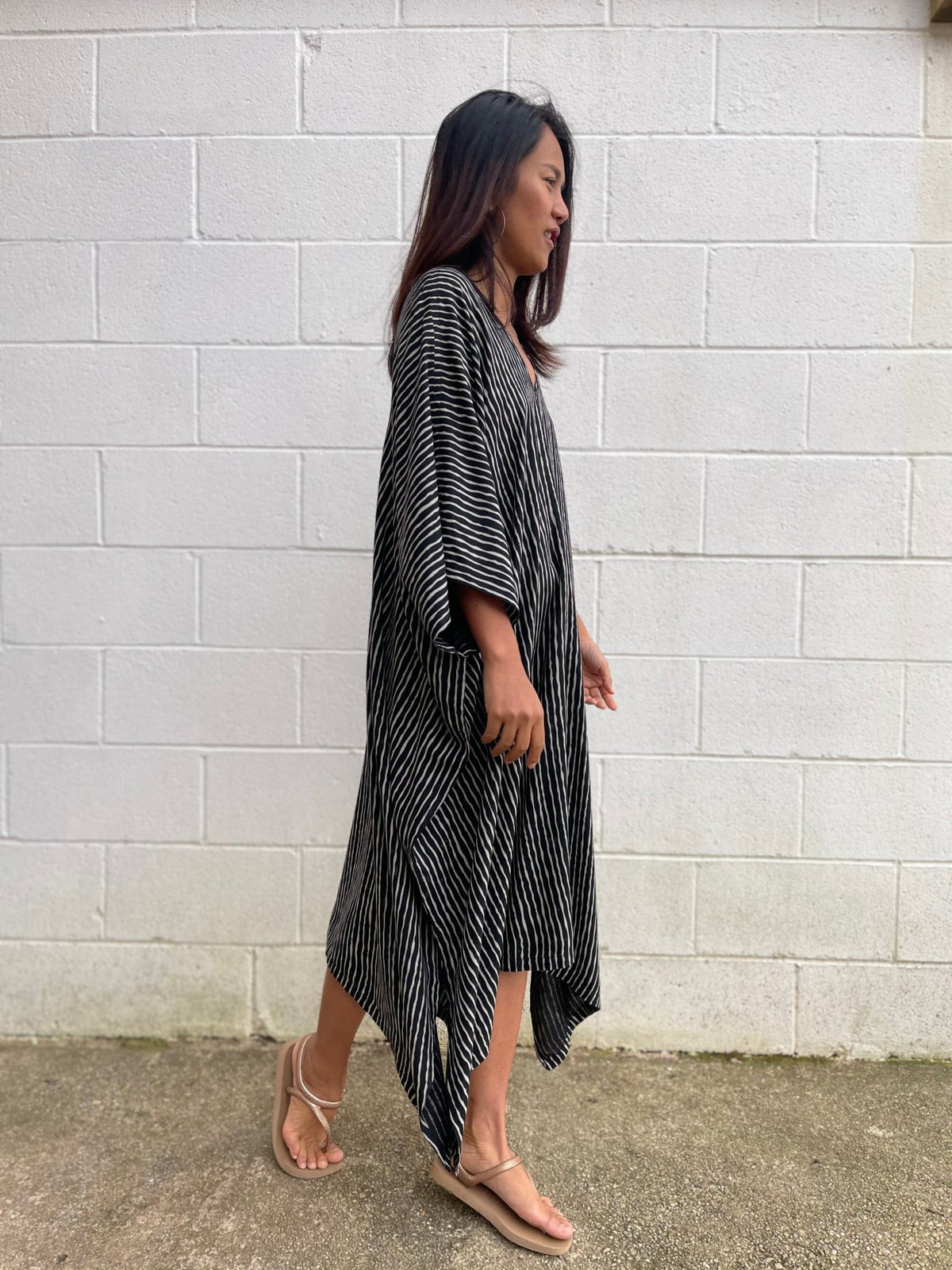MALA handworks Camila Kaftan in Black and Silkscreen Stripes