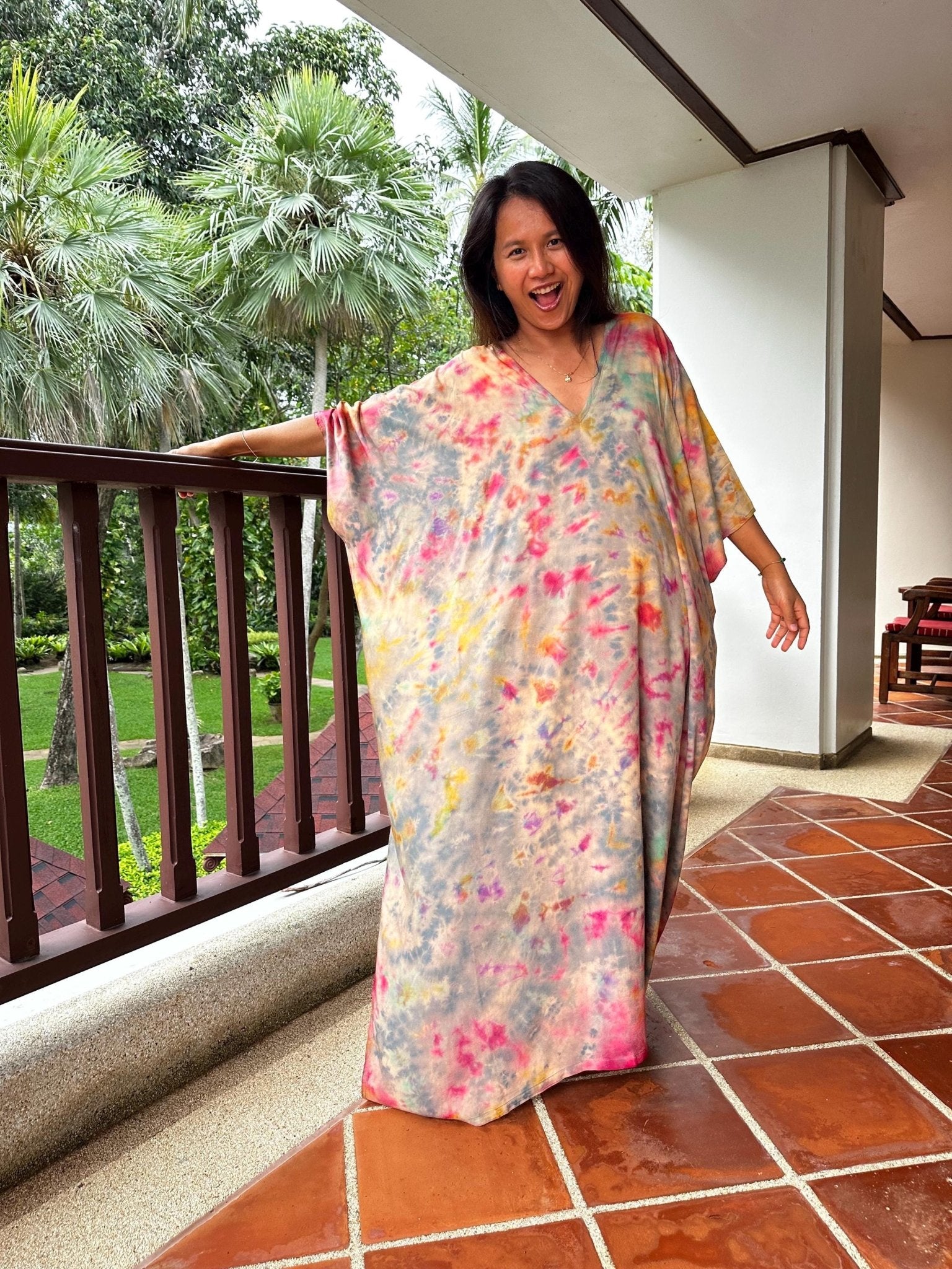 Camila Kaftan in Gray and Rainbow Tie Dye - Mala Handworks