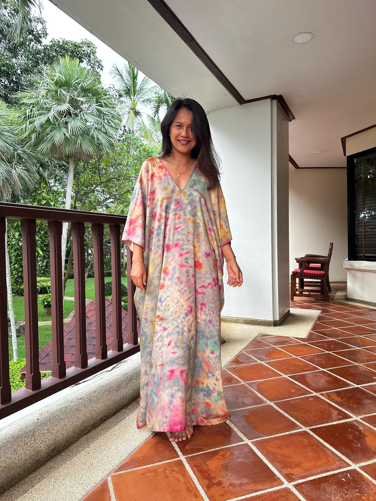 Camila Kaftan in Gray and Rainbow Tie Dye - Mala Handworks