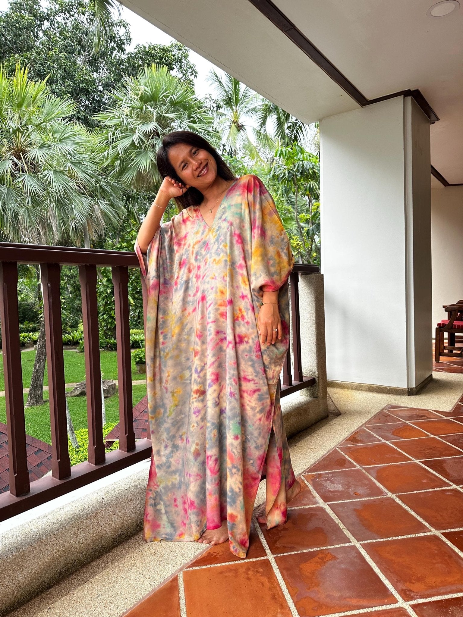 Camila Kaftan in Gray and Rainbow Tie Dye - Mala Handworks