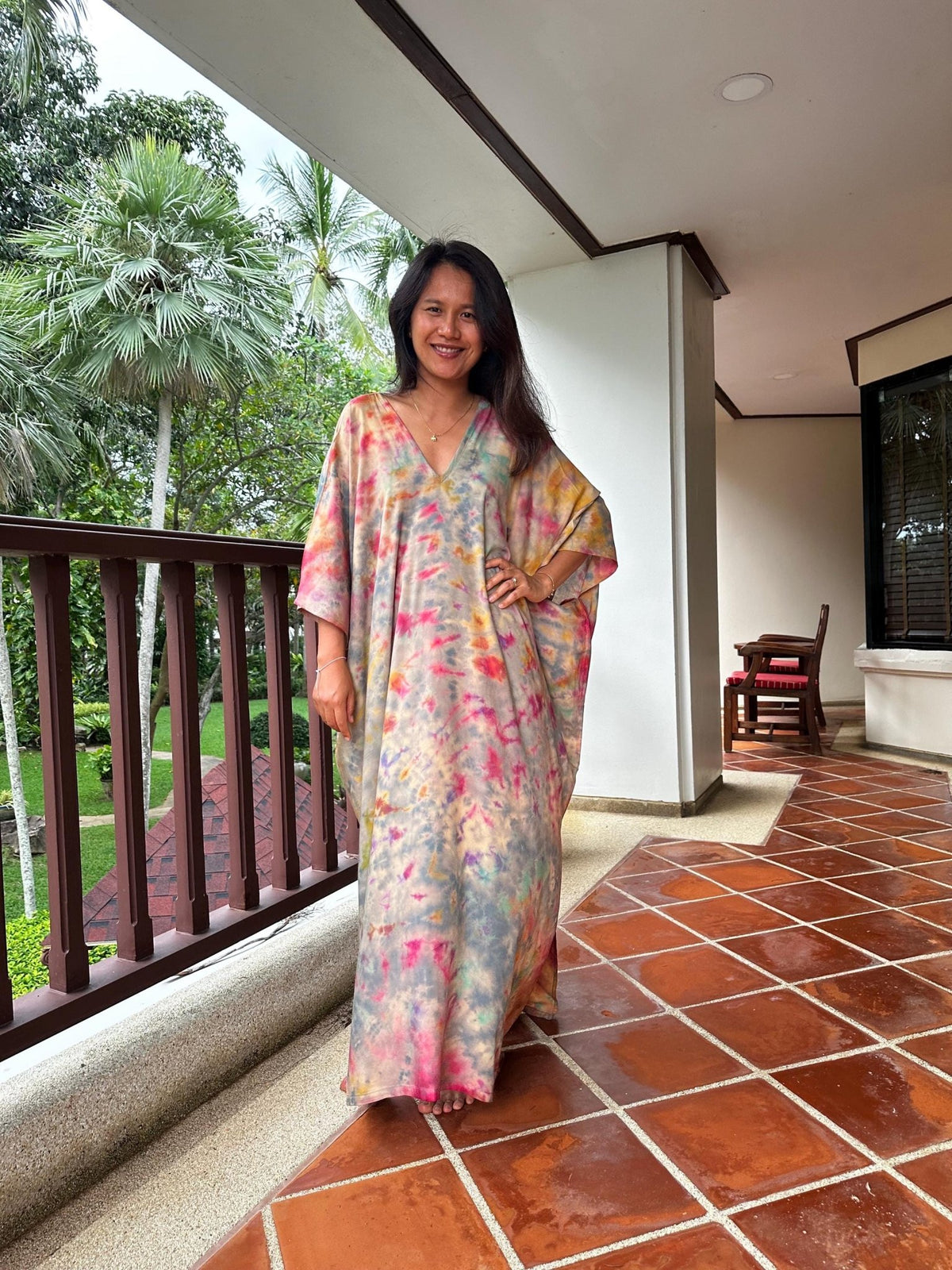 Camila Kaftan in Gray and Rainbow Tie Dye - Mala Handworks